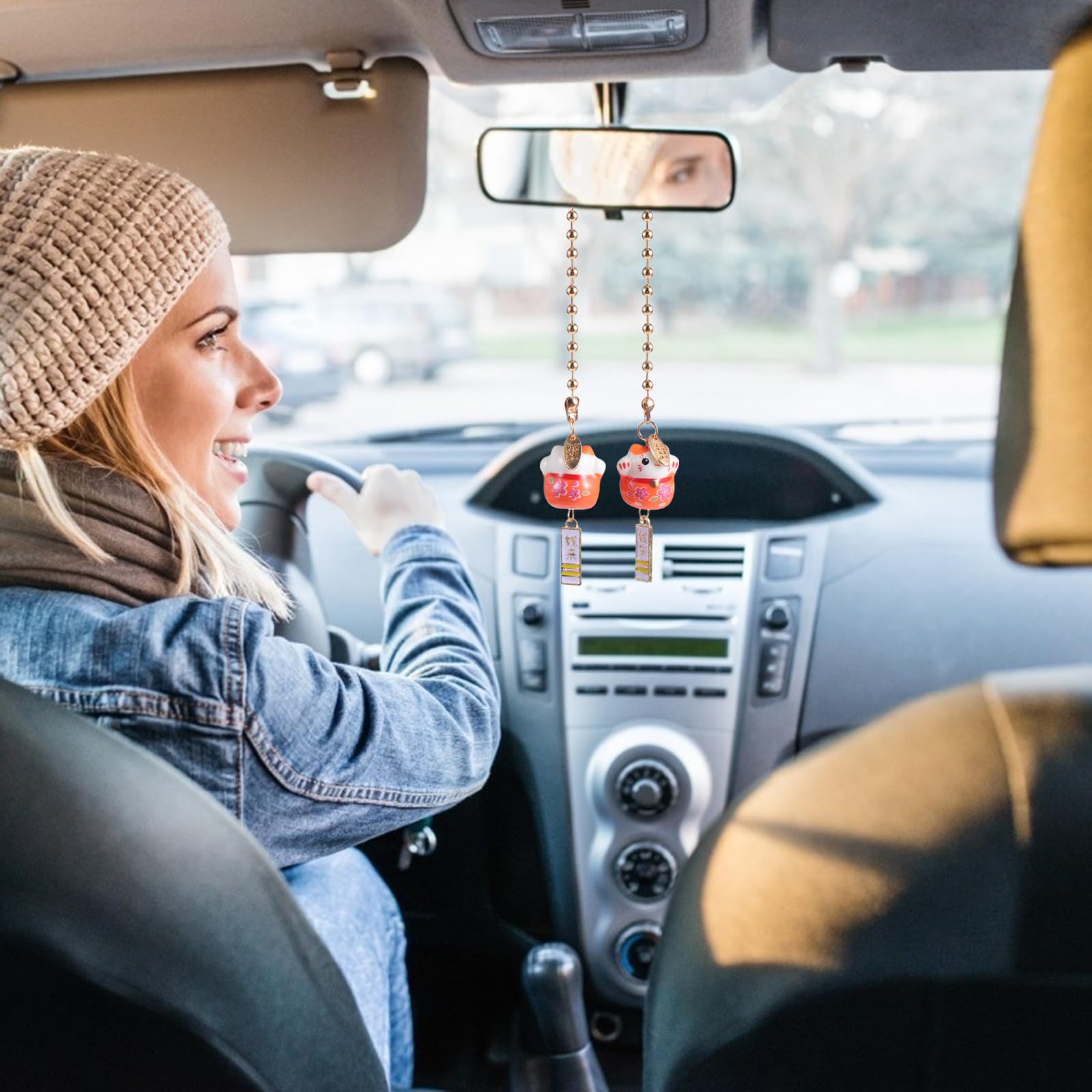 Wakauto Lucky Cat Car Charm - Ceramic Maneki Neko Feng Shui Pendant for Rear View Mirror, Cute Car Accessory for Women & Men (Orange) - Perfect for Good Luck & Safe Travels in Cars, Trucks & SUVs