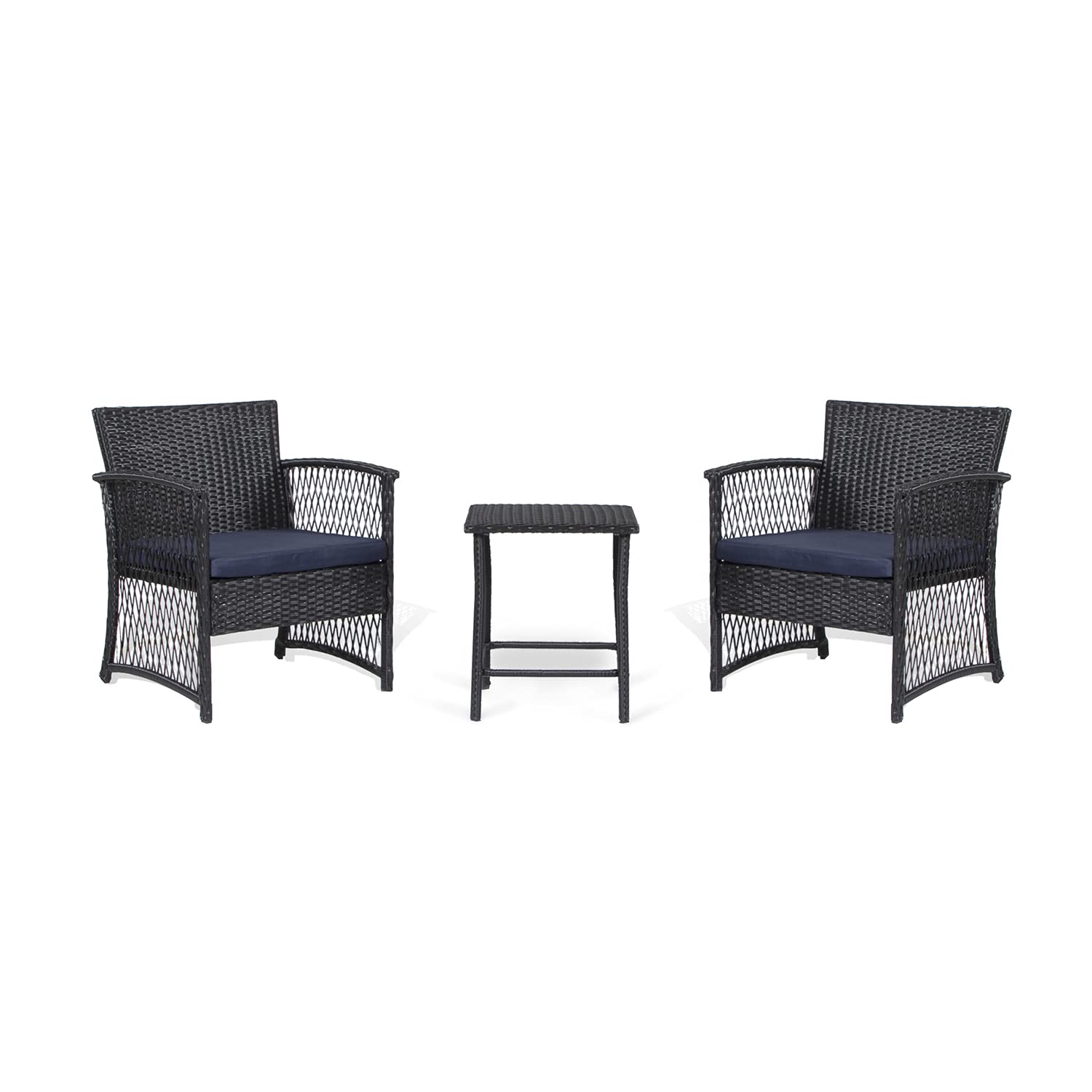 3-Piece Rattan Wicker Bistro Set for Outdoor Patio - Black/Gray & Navy, Weather-Resistant Conversation Seating for Garden, Balcony or Poolside Relaxation