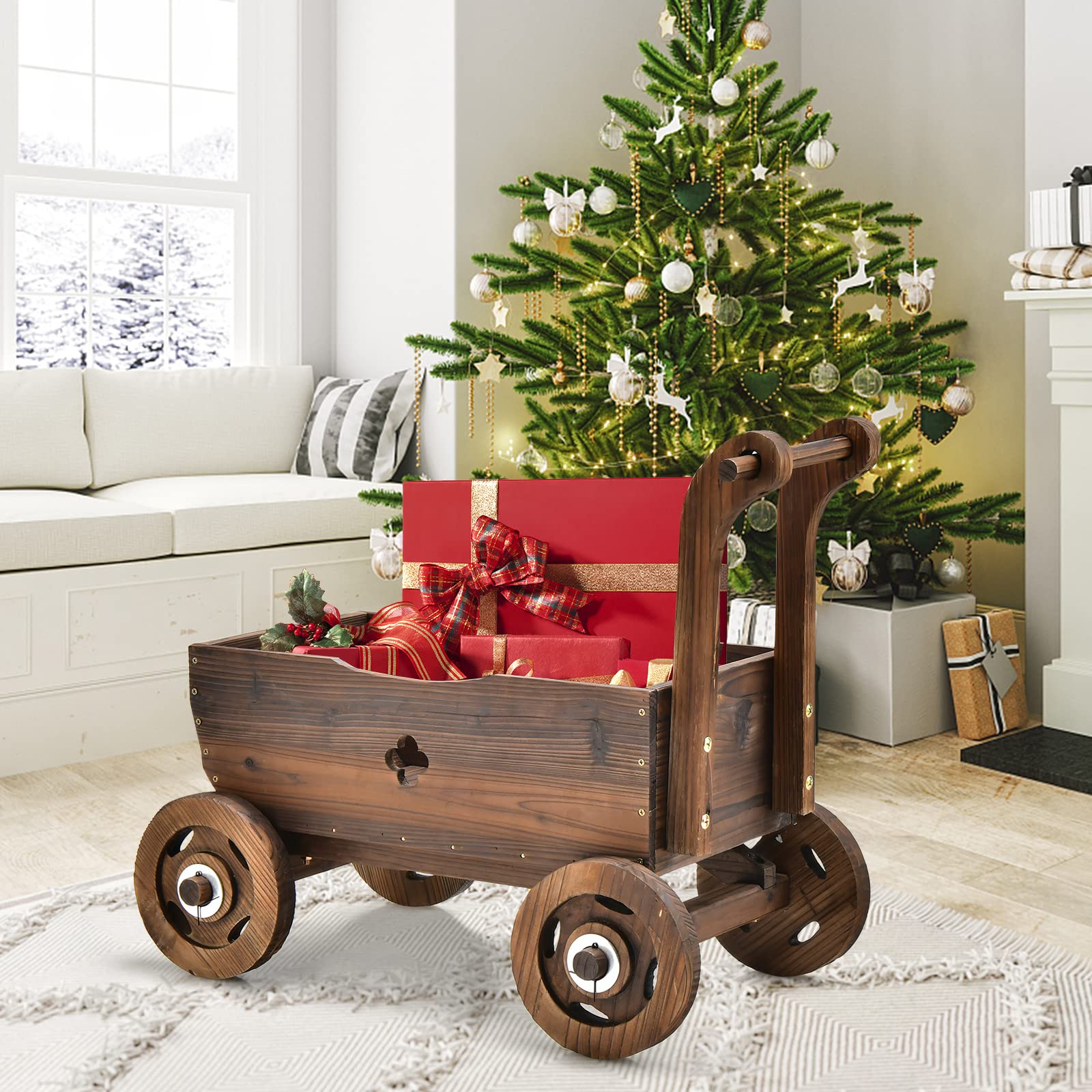 Giantex Wooden Wagon Planter with Wheels & Handle - Rustic Mobile Raised Garden Bed with Drainage Holes - Decorative Flower Pot Cart for Indoor Outdoor Patio Balcony Decor - Perfect for Herbs Flowers Succulents in Home Garden Landscaping