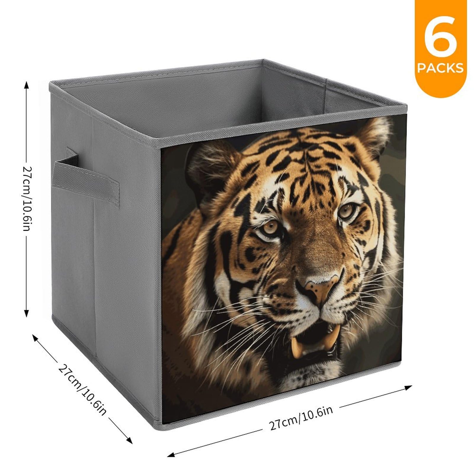 6-Piece Collapsible Storage Bins with Handles - Tiger Print Foldable Organizing Boxes for Shelves, Closet, Pantry | Space-Saving Home & Office Storage Solutions