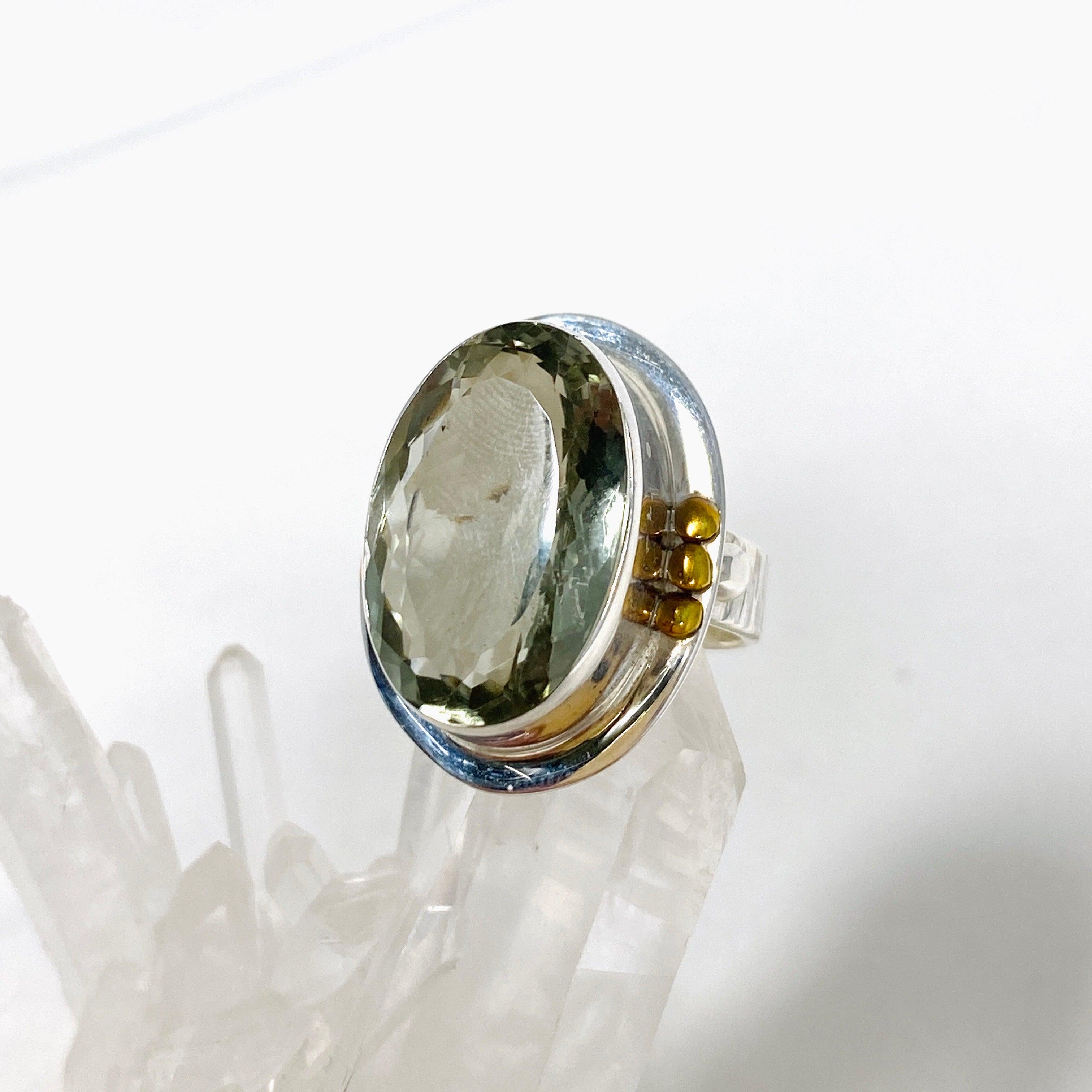 Prasiolite (Green Amethyst) Oval Faceted Ring with Brass Accents - Size 8 - KRGJ3170 - Elegant Jewelry for Women, Perfect for Weddings, Parties & Special Occasions