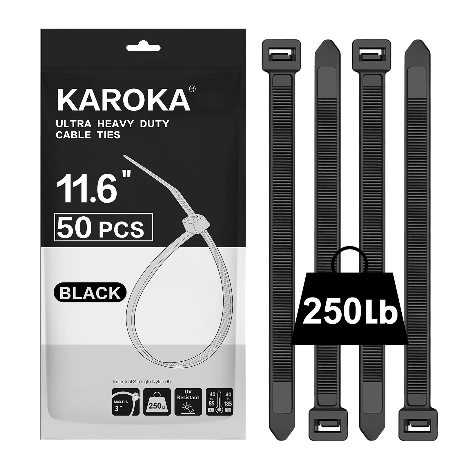 Heavy Duty Industrial Zip Ties - 250 lbs Tensile Strength, 11.6 Inch Extra Long Cable Ties (50 Pack) - Wide & Thick Nylon Wire Ties for Electrical, HVAC, Automotive & Home Organization by Karoka