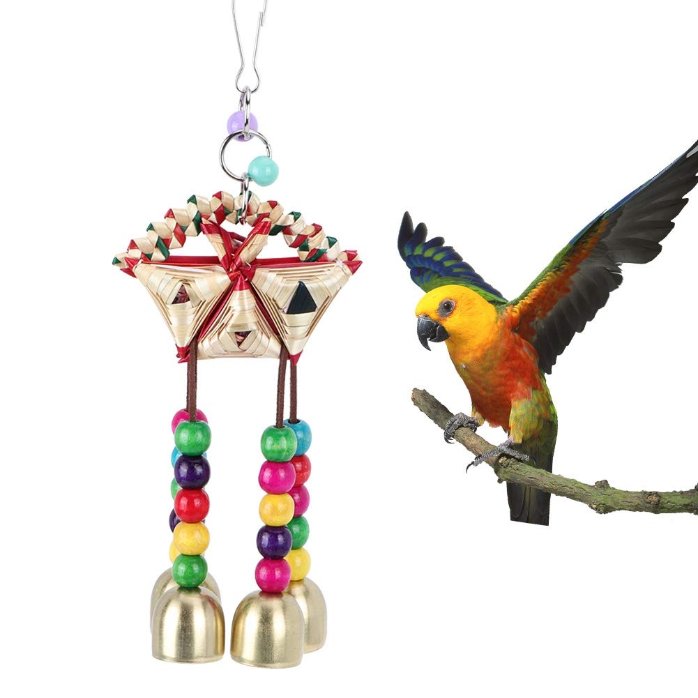 Natural Straw Parrot Chew Toys with Bell - Hanging Bird Biting Gnawing Toy for Beak & Teeth Care - Perfect for Small Parakeets, Cockatiels, Conures, Macaws & Love Birds - Great for Cage Entertainment & Stress Relief