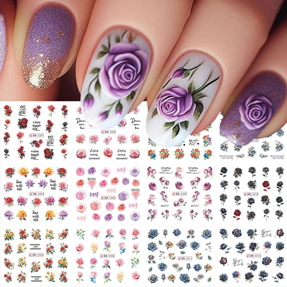 Rose Flower Nail Art Stickers - 12 Sheets Water Transfer Nail Decals for Women | Pink & Black Floral Nail Tattoo Designs | Perfect for Valentine's Day, Bridal, Party & Everyday Nail Art Accessories