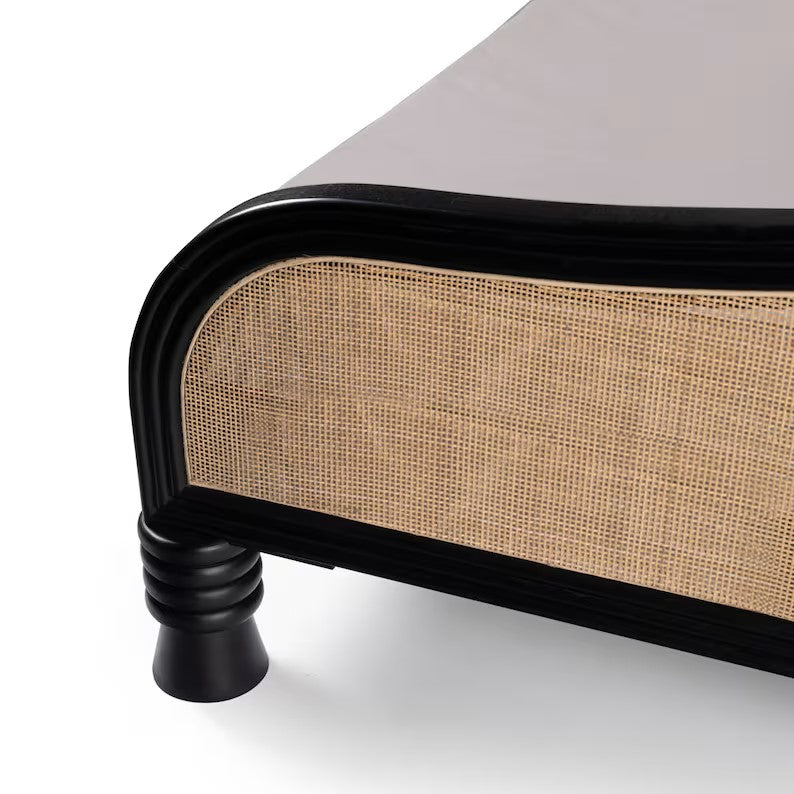 Hand Carved Indian Rattan Solid Mango Wood Poster Bed - Elegant Boho Bedroom Furniture for Master Suite & Guest Room Decor
