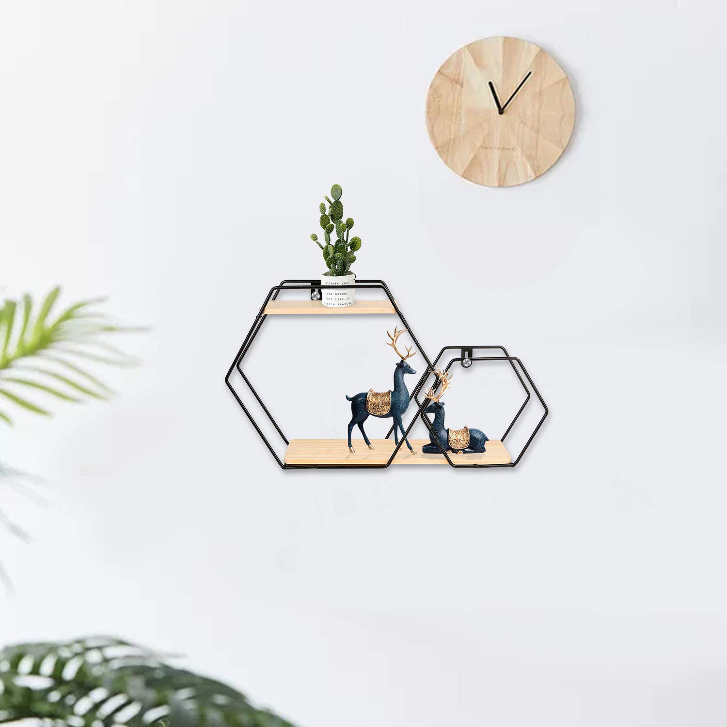 Rustic Wood Floating Wall Shelves - Hexagon Decorative Shelf for Living Room, Bedroom & Bathroom Storage | Farmhouse Style Home Decor Organizer