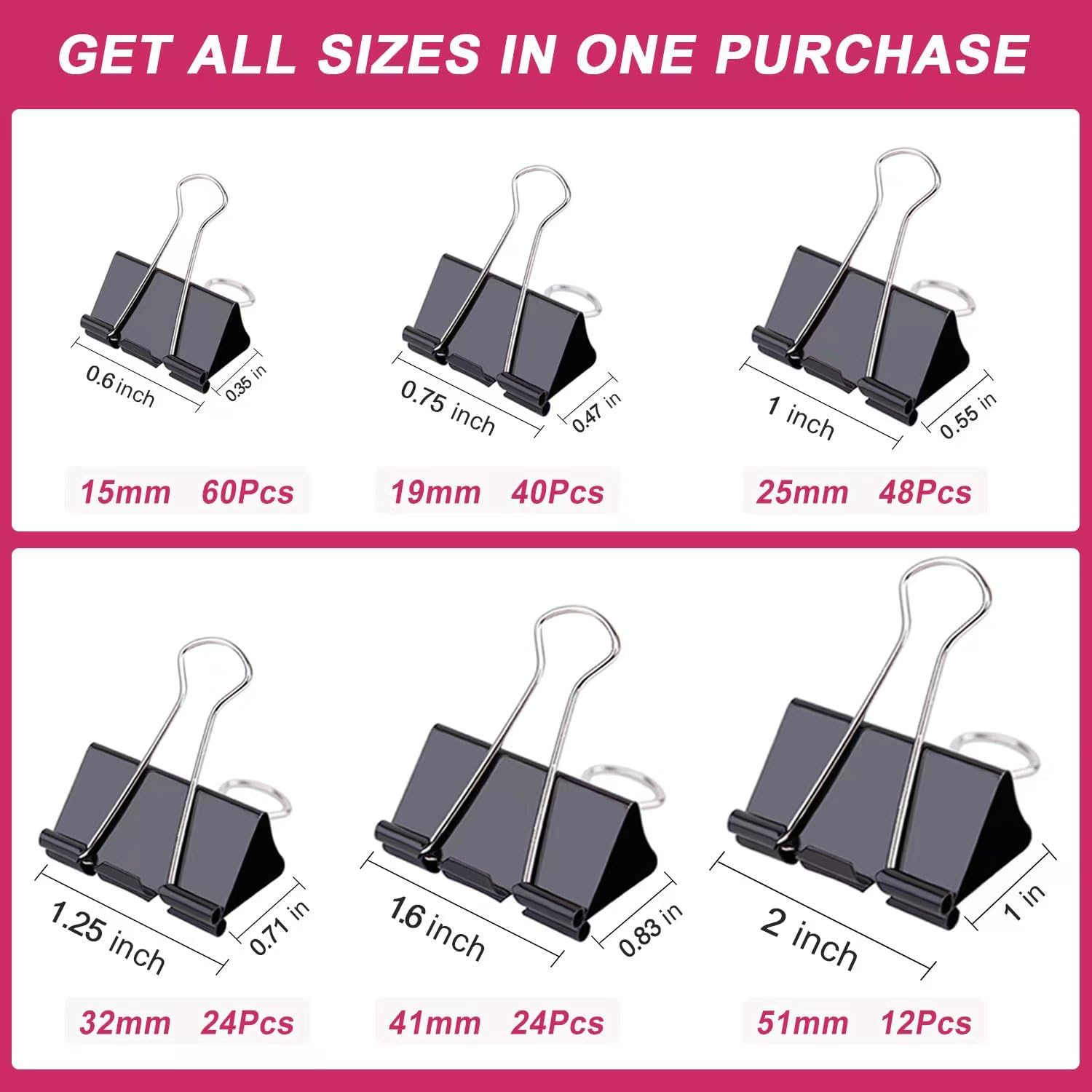 208 PCS Binder Clips Set - Assorted Sizes Metal Paper Clamps for Office, School & Home Organization - Black Binding Clips for Documents, Files, Photos & Bulletin Boards - Bulk Office Supplies for Teachers & Students