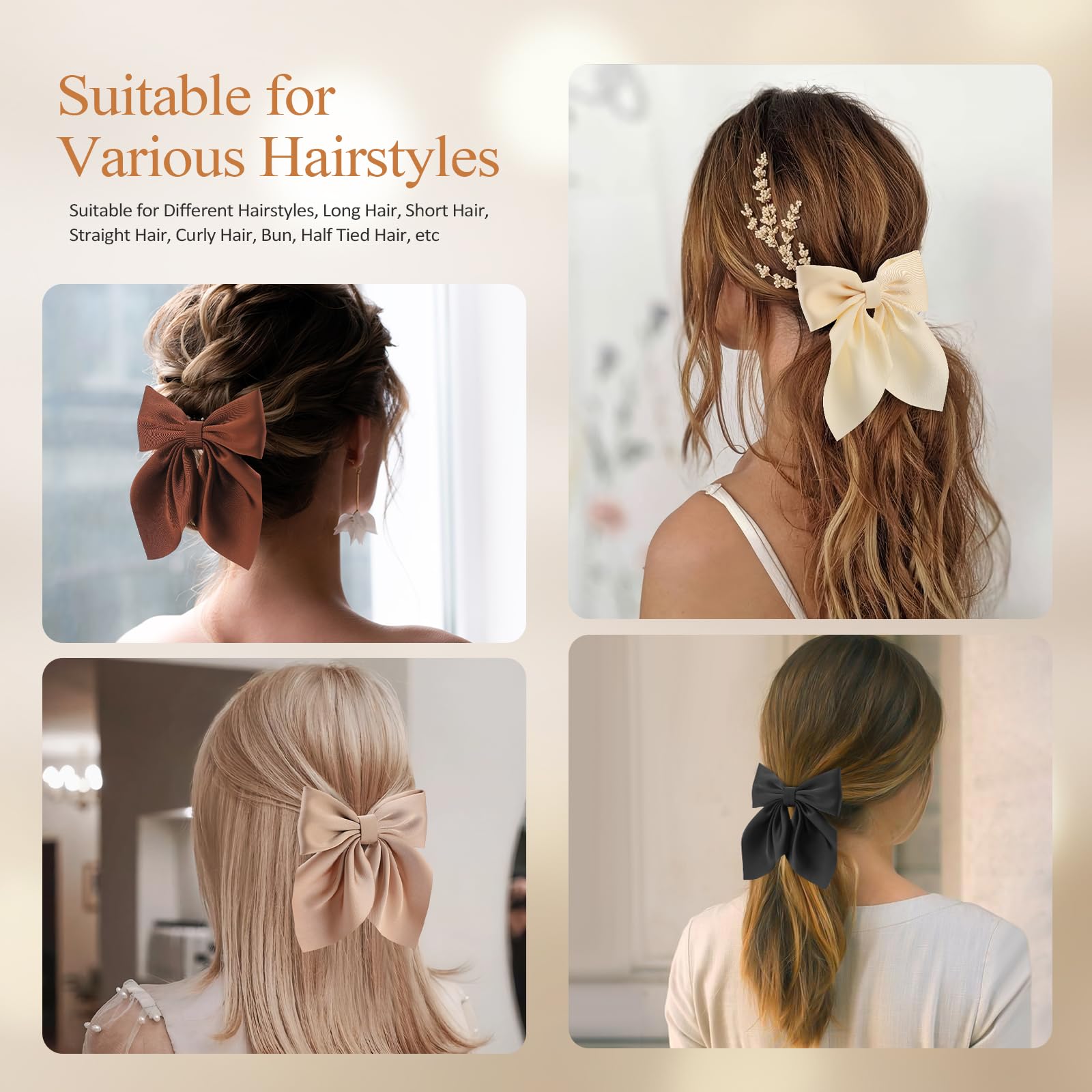 6Pcs Elegant Satin Hair Bows for Women & Girls - Neutral Color Bow Hair Clips, Soft Silky Hair Ribbons - Perfect Hair Accessories Gift for Birthday, Wedding, Party & Everyday Style