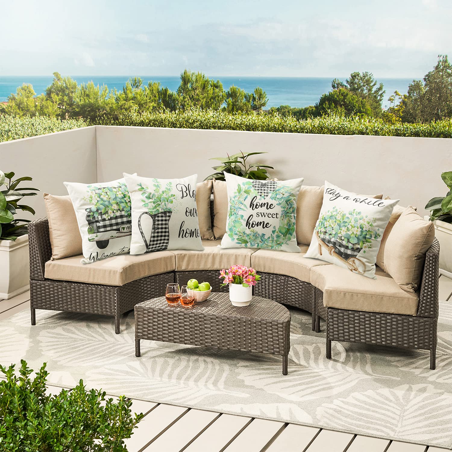 OTOSTAR Waterproof Outdoor Throw Pillow Covers - Pack of 4 (18x18 Inch) - Decorative Leaf Pattern Cushion Cases for Patio, Garden, Couch & Home Decor - Perfect for Spring, Summer & Holiday Seasons - Eucalyptus Design