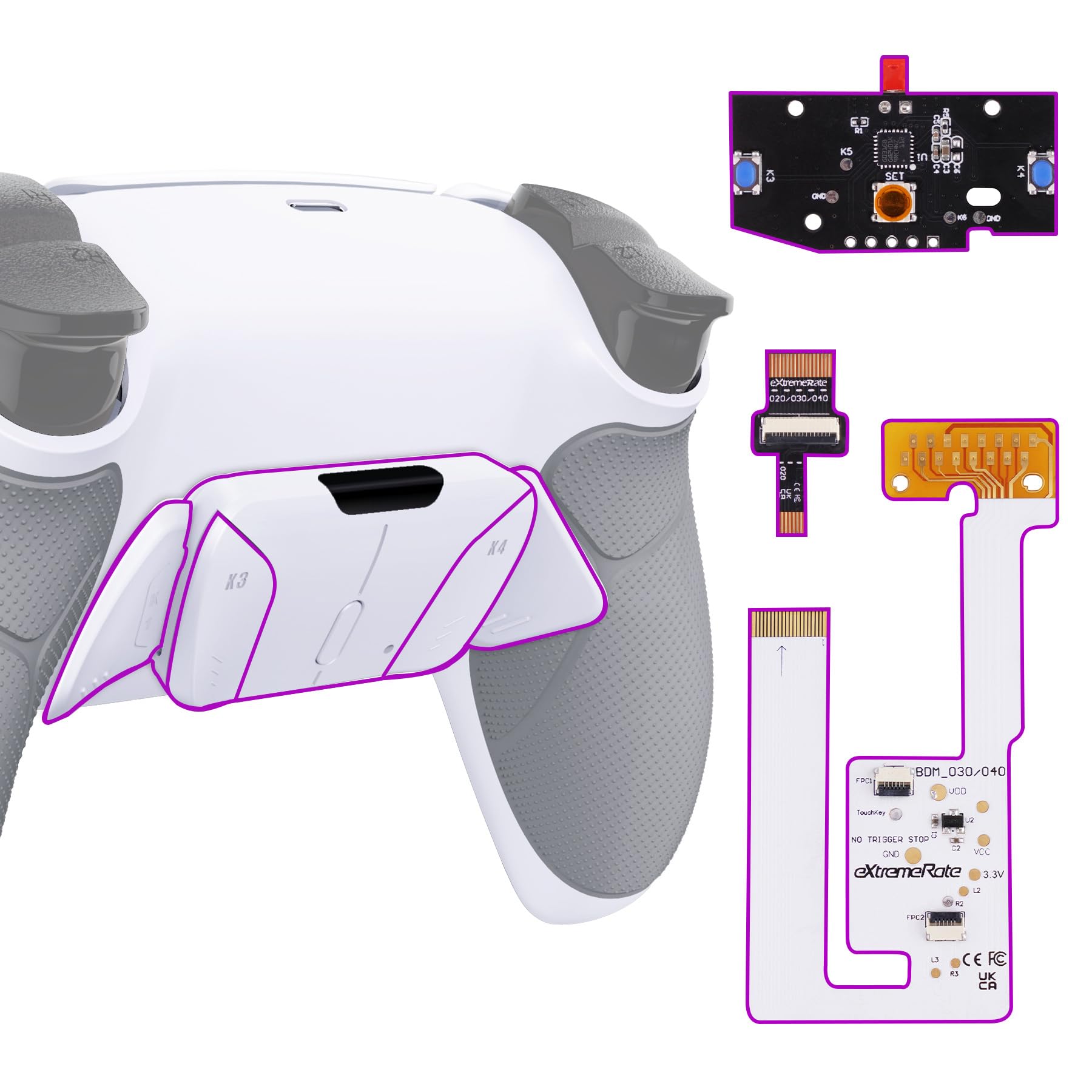 eXtremeRate Programmable RISE4 Remap Kit for PS5 Controller BDM-030/040/050 - Remapper Board, Rubberized Grip Back Case & Paddle Buttons (White Gray) - Perfect for Competitive Gaming & Custom Controller Setup