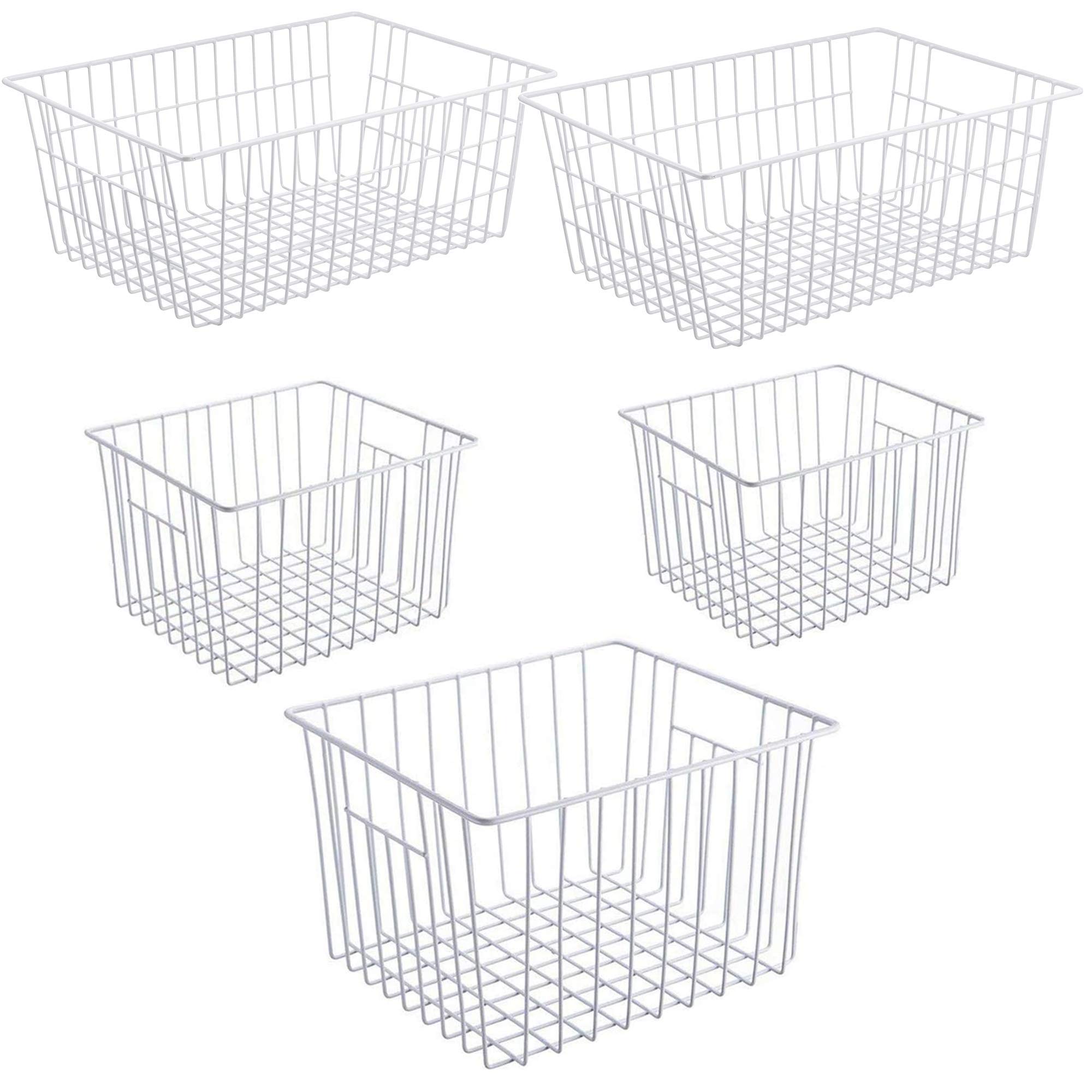 iPEGTOP Deep Refrigerator Freezer Baskets - Set of 5 Large Wire Storage Bins with Handles for Kitchen Organization | Perfect for Pantry, Freezer, Cabinet & Closet Storage | Durable Pearl White Household Organizer
