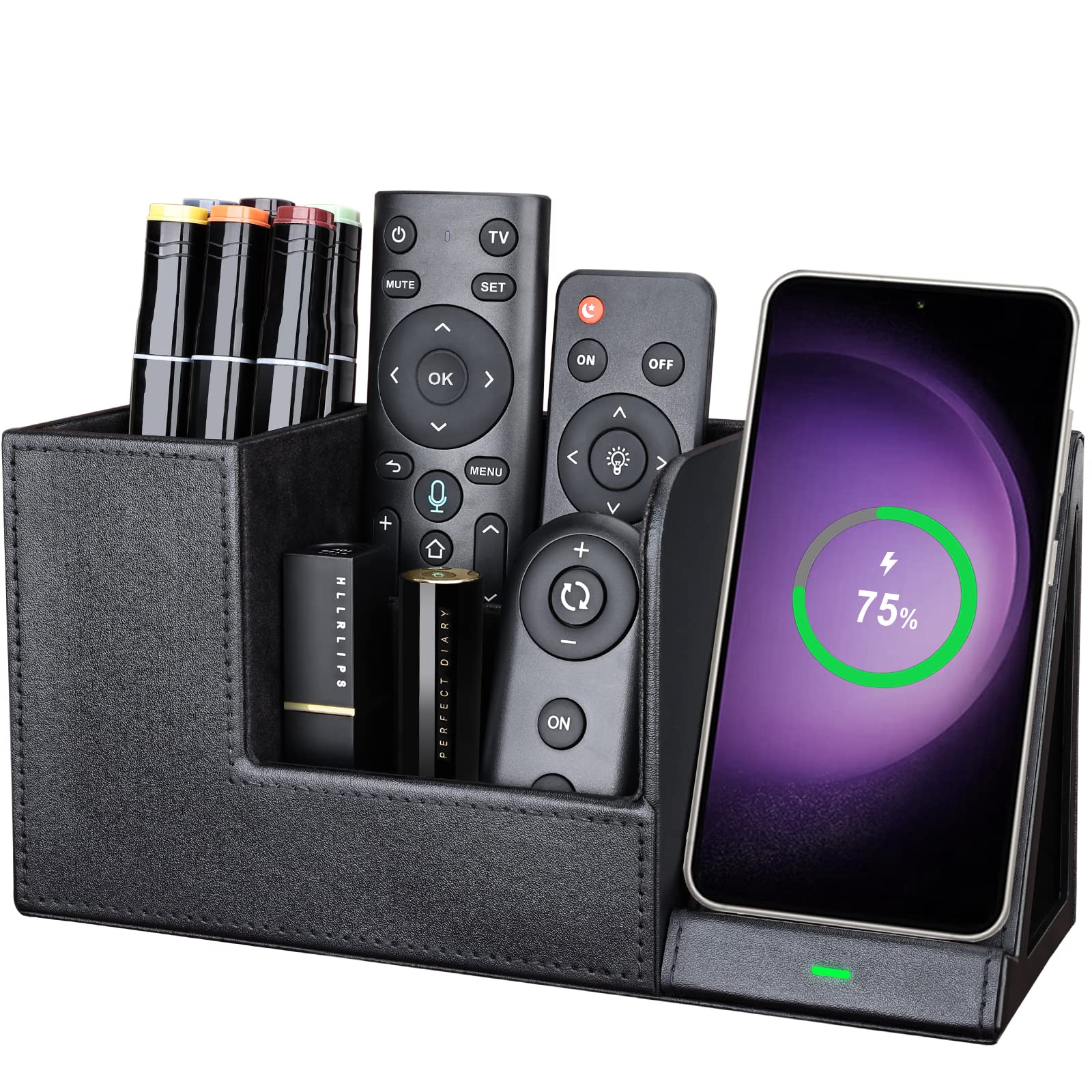 10W Fast Wireless Charger Desk Organizer - Qi-Certified Charging Station for Samsung Galaxy S23/S22/S21/Note 20/Note 10 & iPhone 14/14 Pro/13/12 - Premium Leather Stand with LED Indicator - Perfect for Office, Bedroom and Nightstand Charging