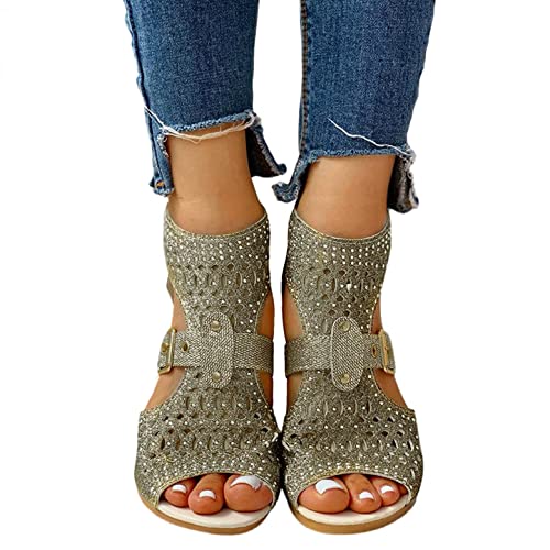 Women's Summer Wedge Sandals - Fashionable Hollow Buckle Zip Open Toe Glitter Sandals for Ladies | Perfect for Vacation, Beach, and Dressy Occasions