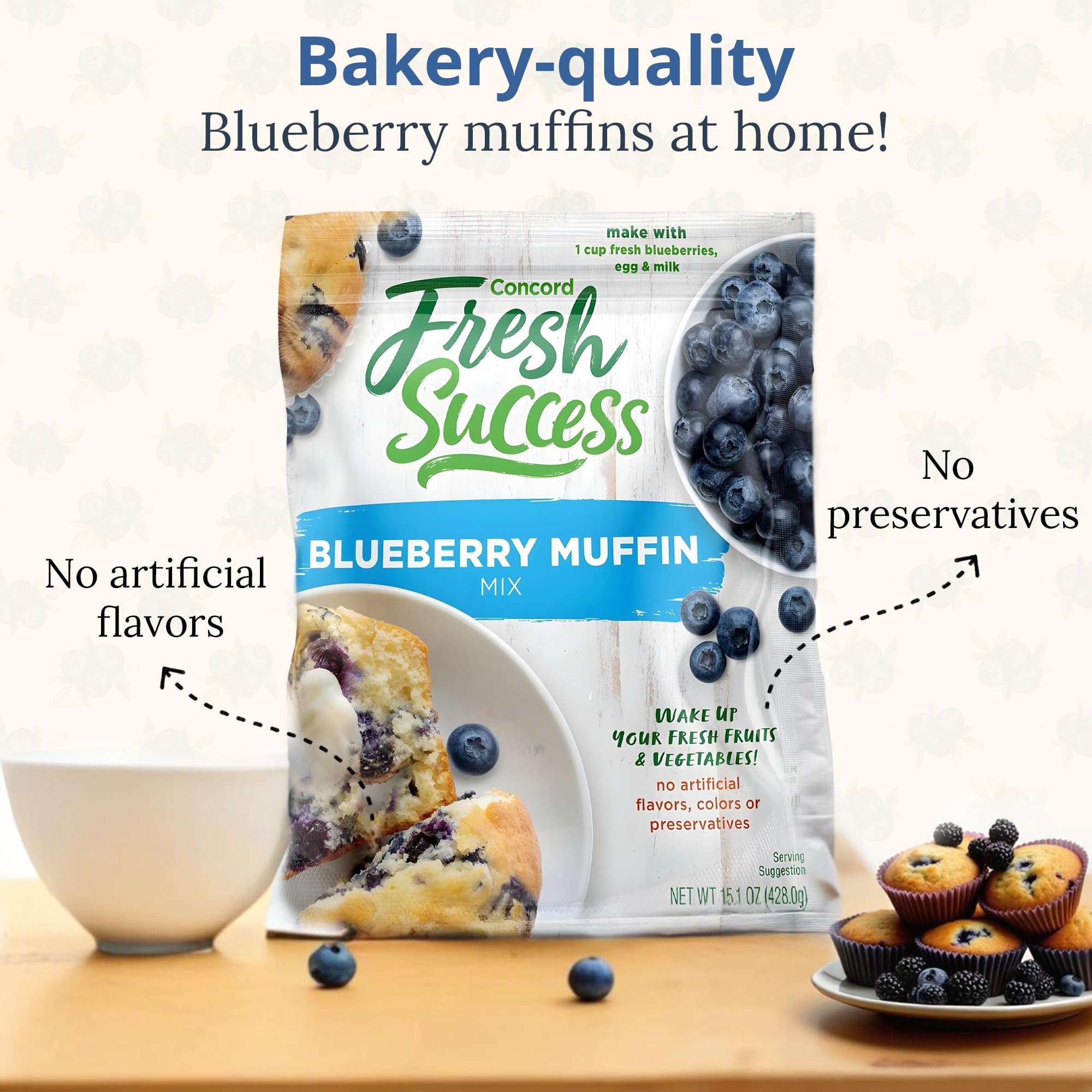 Concord Foods Blueberry Muffin Mix - Easy Homemade Baking Mix with Natural Flavors, No Preservatives (15oz, Pack of 2) | Perfect for Breakfast, Brunch, Snacks & Holiday Baking | Great for Family Gatherings, Kids' Lunchboxes & Coffee Time Treats