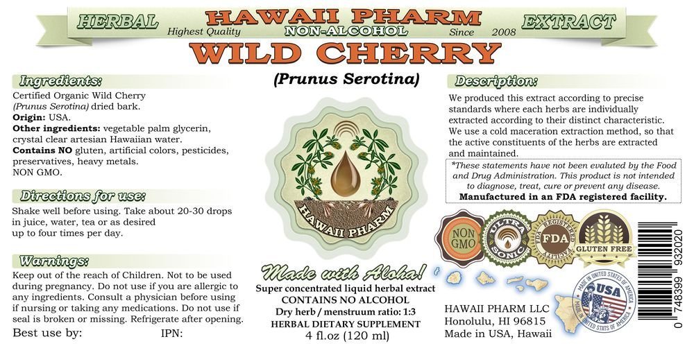 Organic Wild Cherry (Prunus Serotina) Alcohol-Free Liquid Extract - Natural Herbal Supplement with Dried Bark Glycerite - 2x32 fl.oz by Hawaii Pharm USA | Immune Support & Respiratory Health Aid for Herbal Tea & Wellness Routines