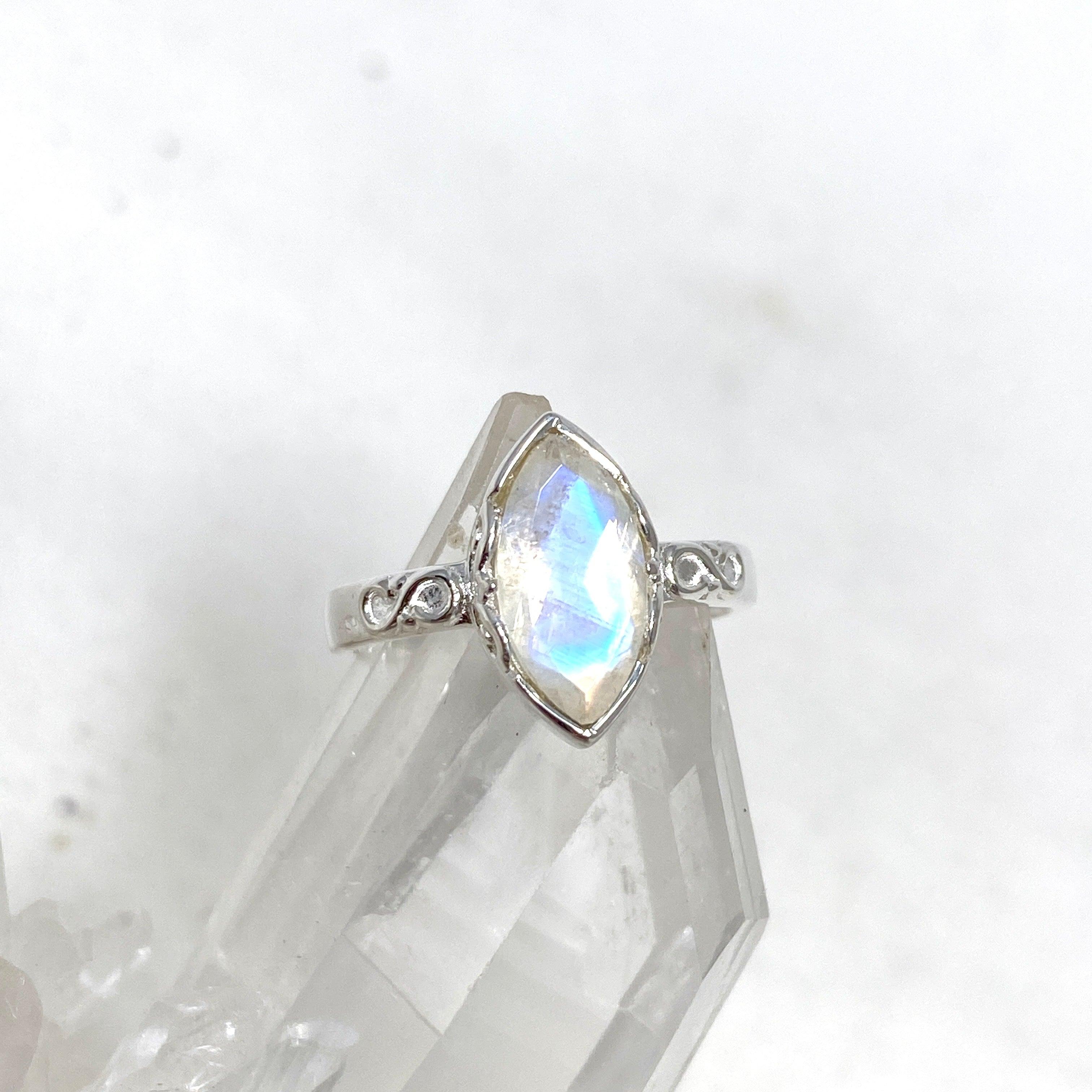 Moonstone Faceted Marquise Ring in Decorative Sterling Silver Setting R3726 | Elegant Jewelry for Weddings, Parties & Special Occasions