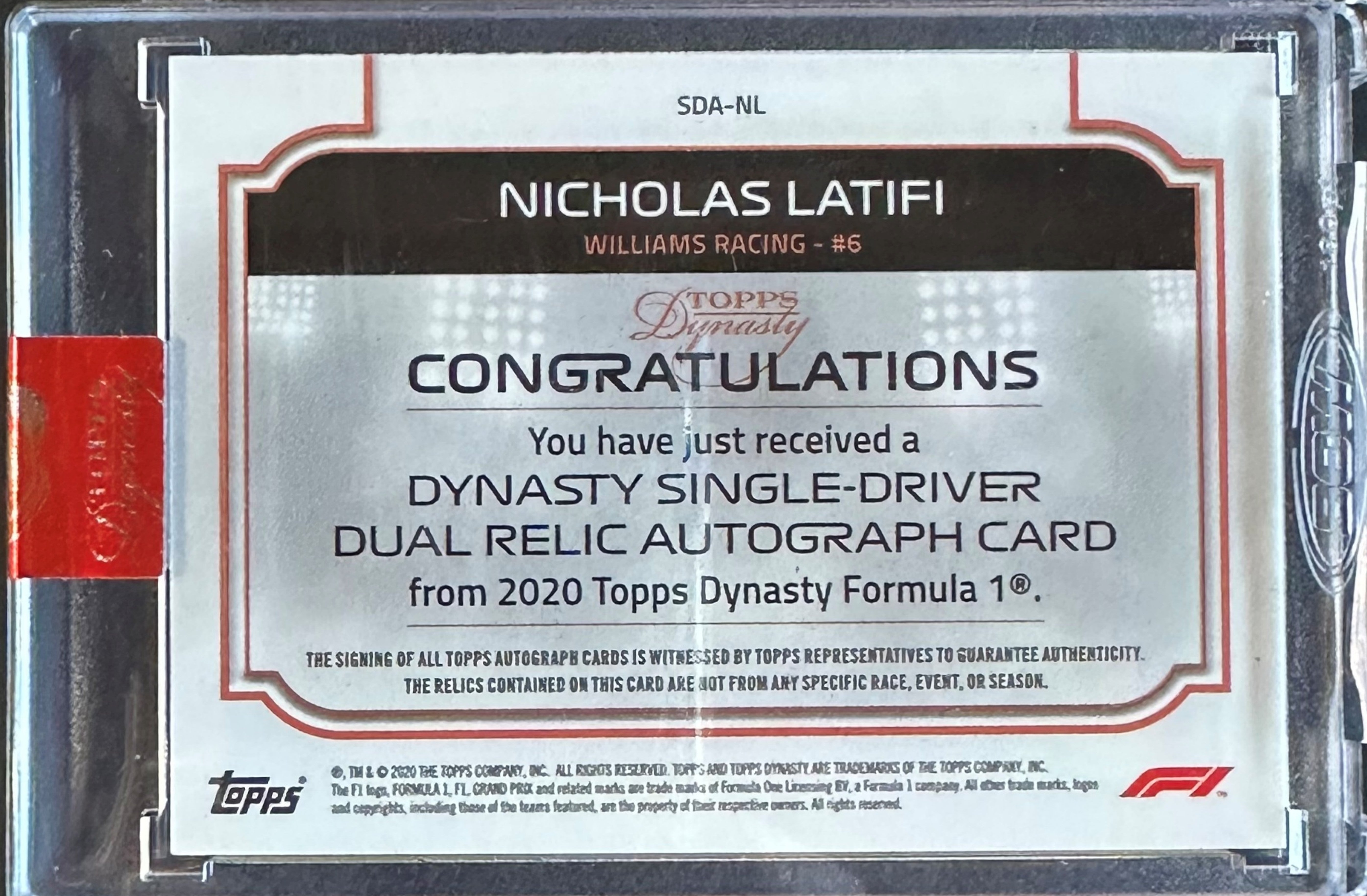 2020 Nicholas Latifi #SDA NL Dynasty Silver Dual Relic Autograph Card - Limited Edition F1 Racing Collectible for Fans & Memorabilia Enthusiasts