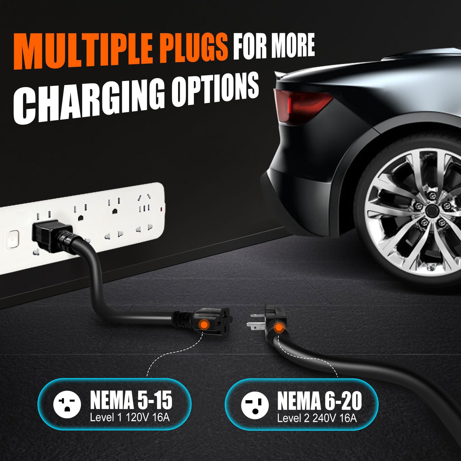 Level 1 & 2 EV Charger - 16 Amp J1772 Electric Vehicle Charging Station with NEMA5-15P & 6-20 Plug | Portable Home & Travel Car Charger for Tesla, Nissan Leaf, Chevy Volt | Perfect for Garage, Road Trips & Emergency Charging