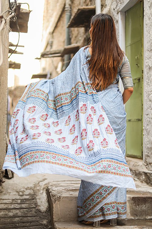 TRANCE HANDBLOCK PRINTED MUL COTTON SRAEE - Stylish & Comfortable Women's Ethnic Dress for Casual Wear, Parties & Festivals