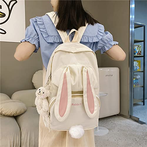 Cute Bunny Ear Backpack with Bear Pendant - Large D-White School Bag for Girls & Teens | Kawaii Book Bag, Travel Backpack for School, College, Shopping & Outdoor Adventures