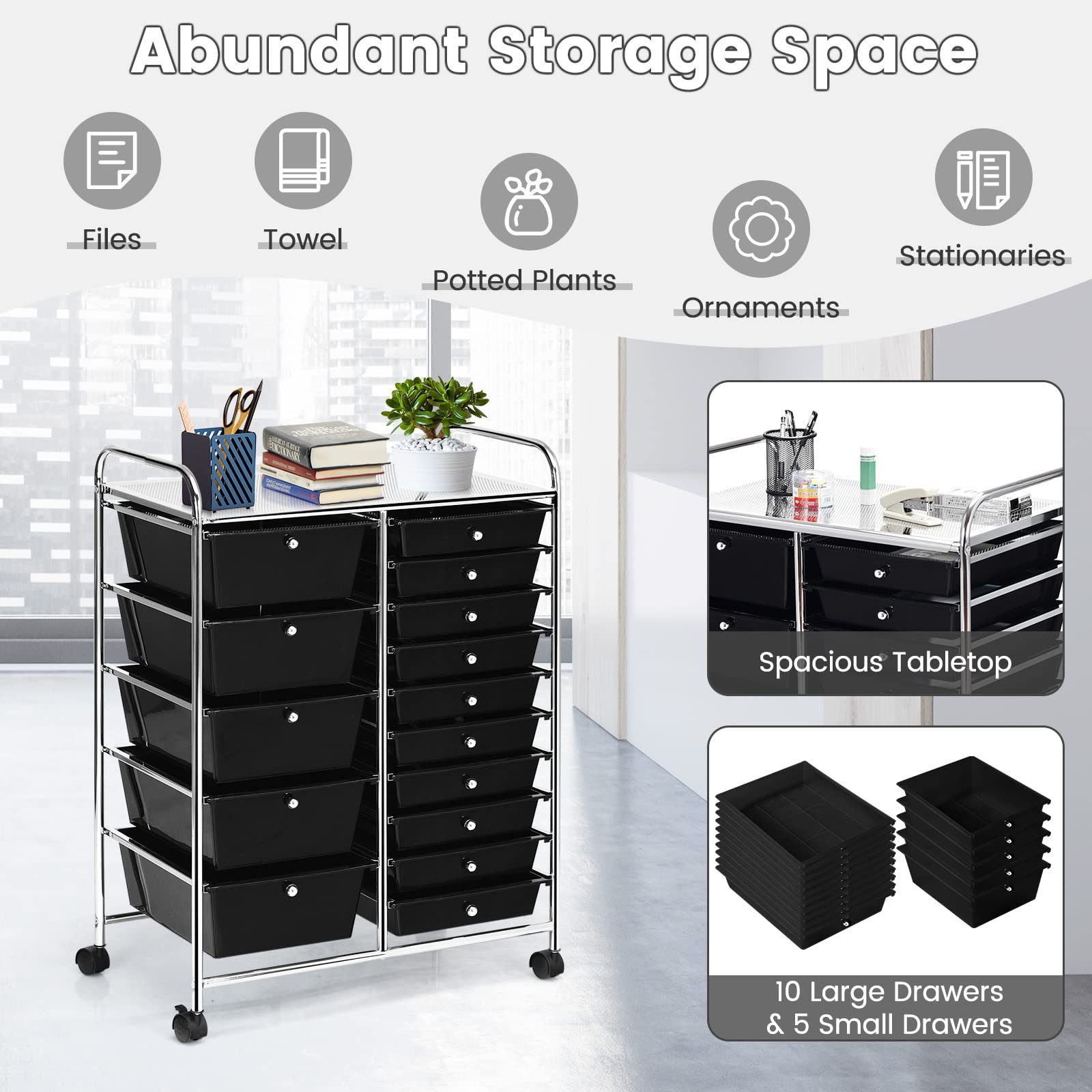 15-Drawer Storage Cart Organizer - Rolling Trolley for Office & School Files