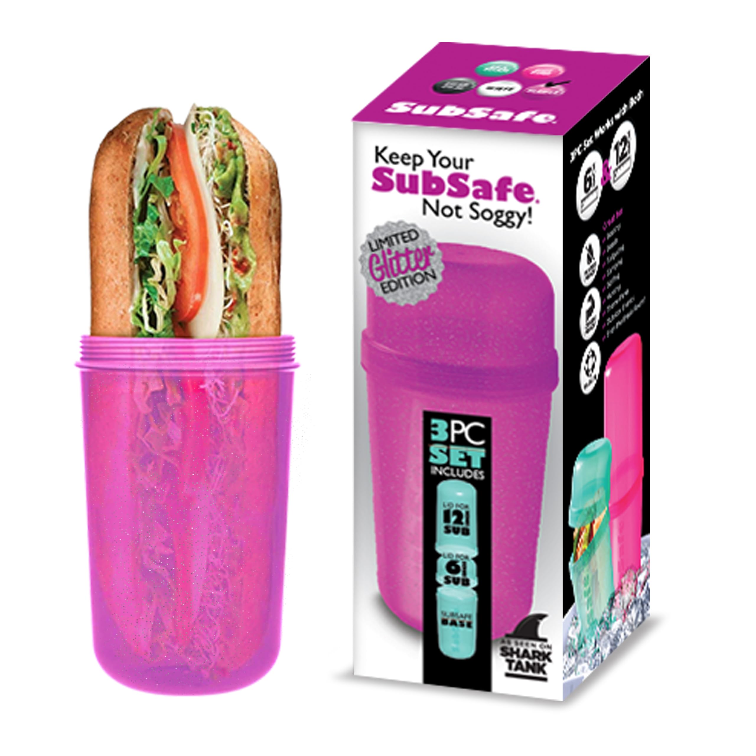 SubSafe Waterproof Sandwich Container - BPA-Free Plastic Food Storage Box with Glitter in Neon Purple | Perfect for Picnics, Beach Trips & Lunch Boxes