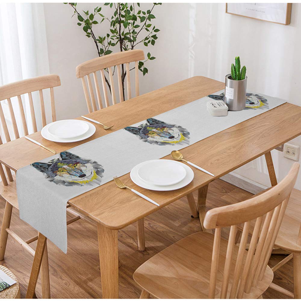 Swono Wolf Head Table Runner - Geometric Pattern Cotton Linen Tablecloth for Kitchen, Coffee Table & Dining Room - Non-Slip 14x72 Inches - Perfect for Rustic Home Decor, Holiday Parties & Wolf-Themed Events