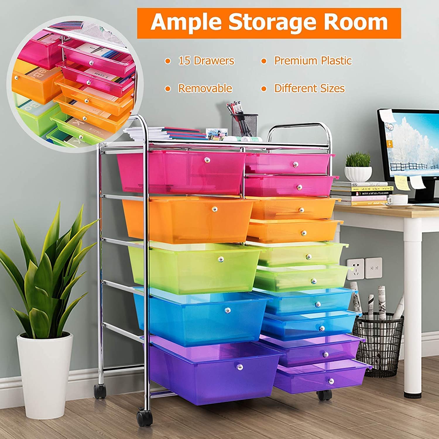 MEDIMALL 15-Drawer Rolling Storage Cart with Wheels - Multipurpose Mobile Organizer for Crafts, Tools, Scrapbook Paper - Perfect for School, Home & Office Use (Rainbow) | Great for Art Supplies, Office Organization & DIY Projects