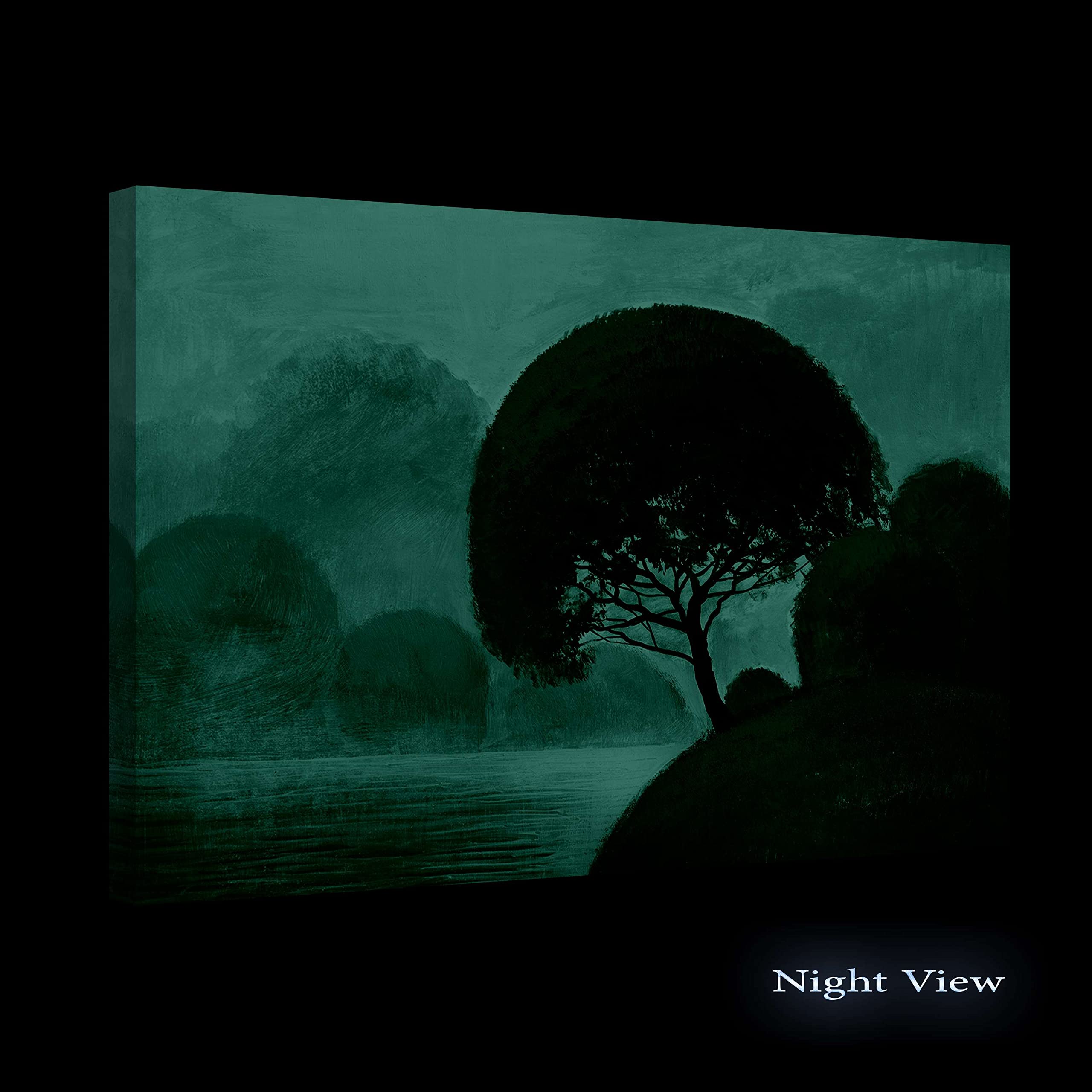 Modern Canvas Wall Art - Green Trees & Water Landscape Painting Stretched Print - Ready to Hang Home Decor for Bedroom, Living Room or Office - Unique Luminous Artwork 32x48 Inches - Perfect for Nature-Themed Interior Design & Relaxing Home Atmosphere