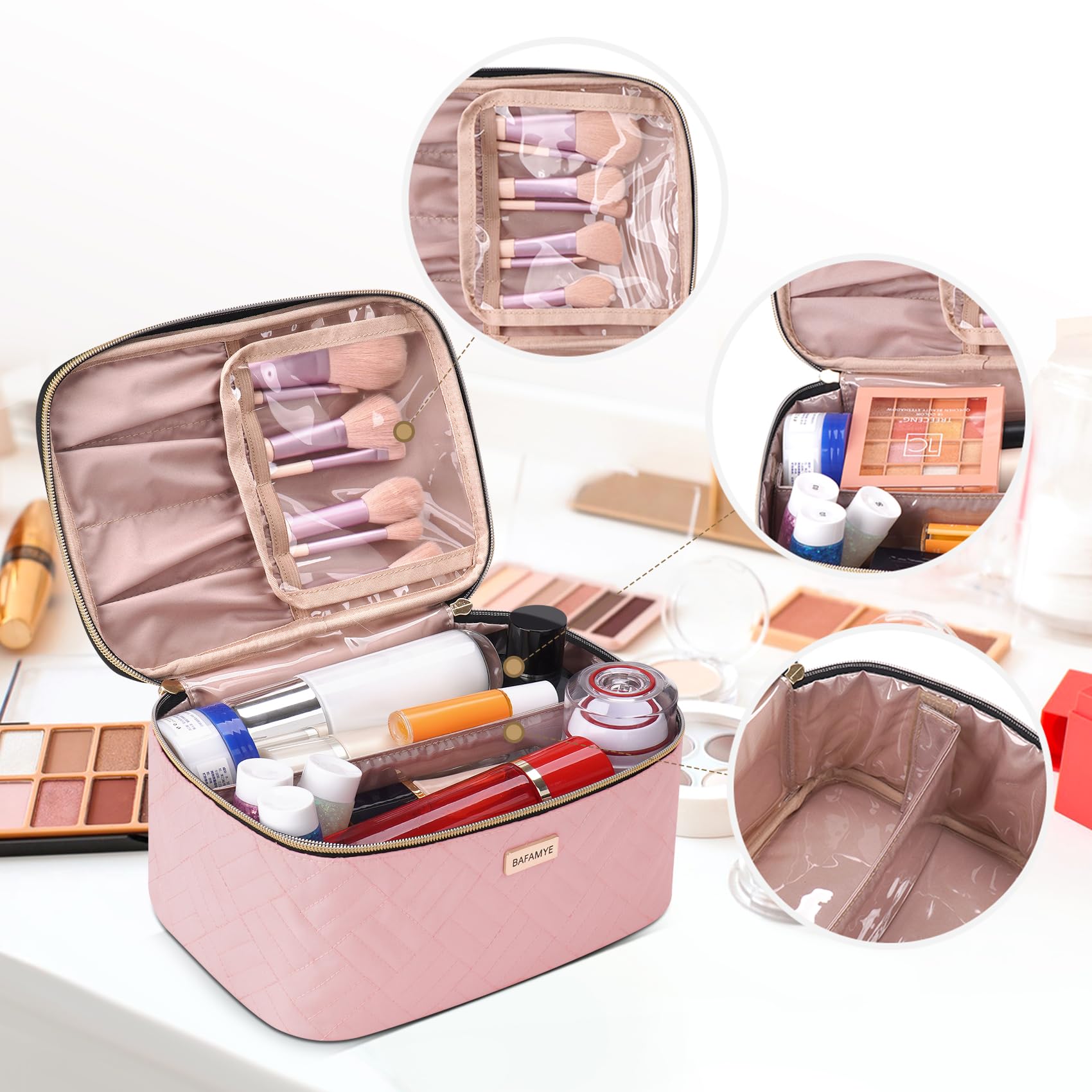 5L Travel Makeup Bag for Women - Large Capacity Cosmetic Organizer with Divider, Portable Toiletry Case, Pink (1.34 GAL) - Perfect for Air Travel, Vacation & Gym Essentials Storage