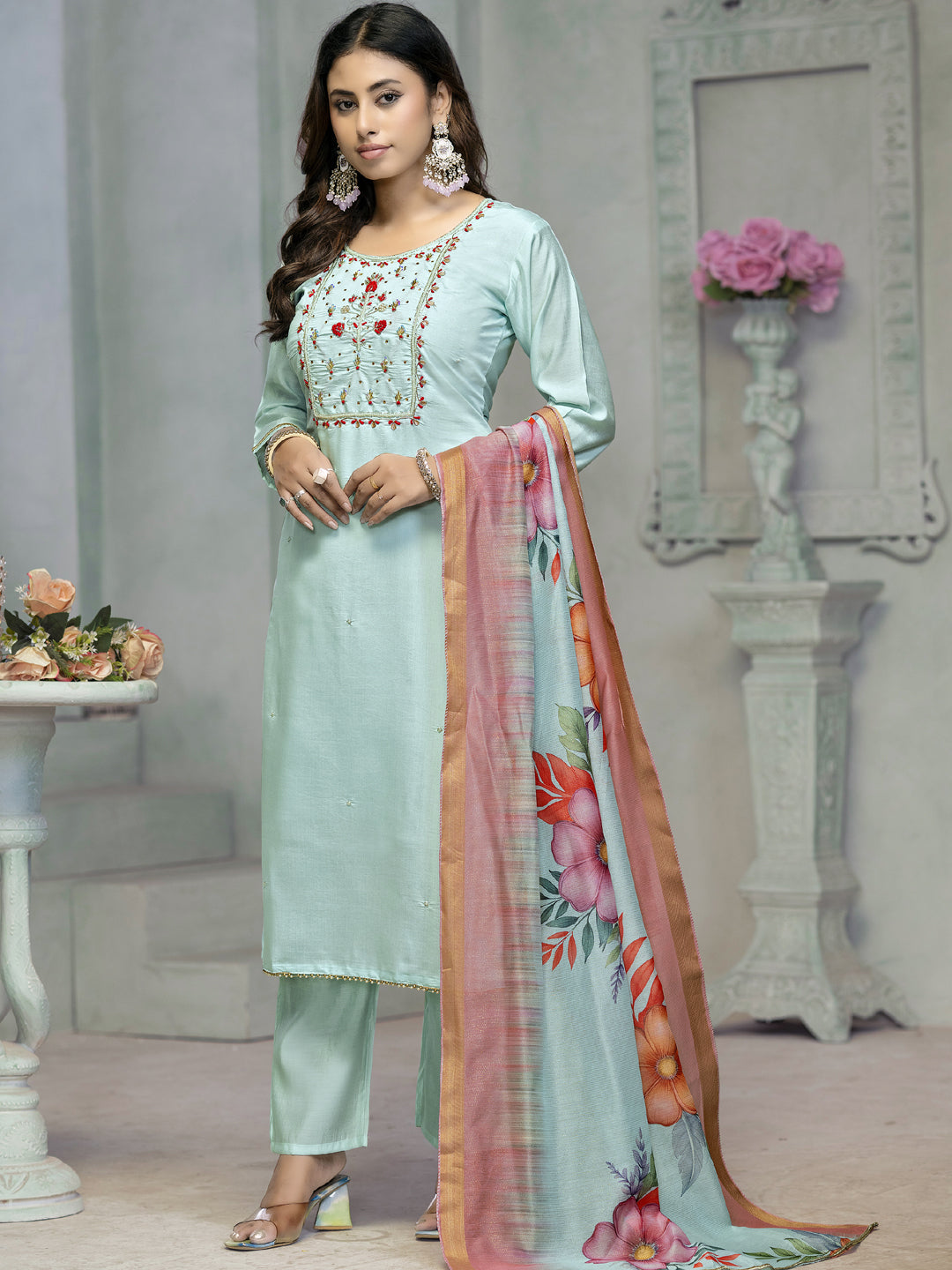 Blue Designer Ready-Made Pant Suit with Printed Embroidery Work - Elegant Women's Formal Wear for Weddings, Parties & Office Events