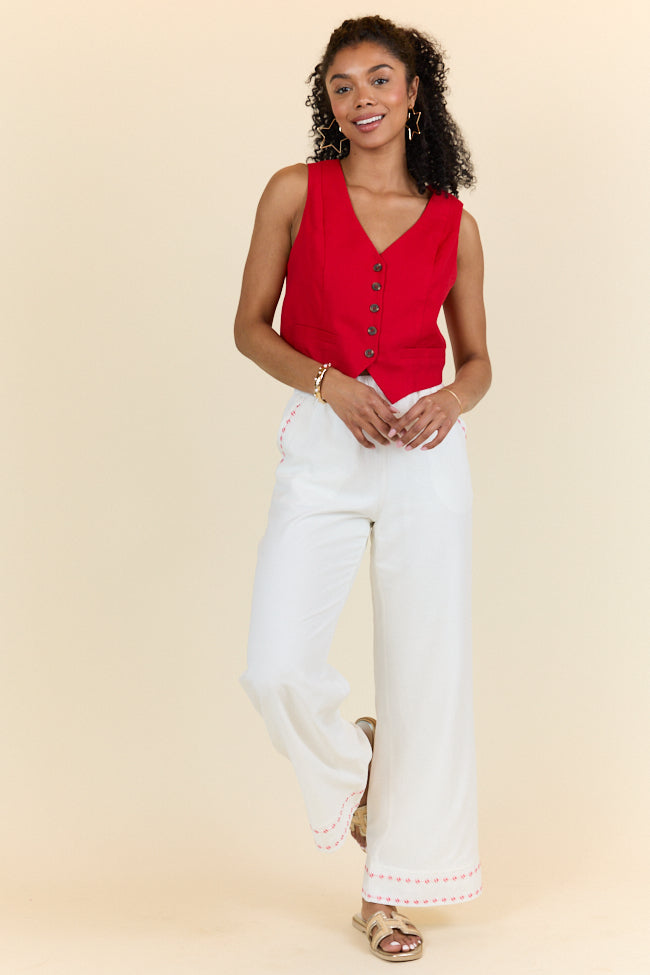 Just Feels Right Off-White Embroidered Pants for Women - High Waisted Comfort Stretch Fabric - Limited Time Final Sale | Perfect for Casual Outfits, Streetwear & Summer Fashion