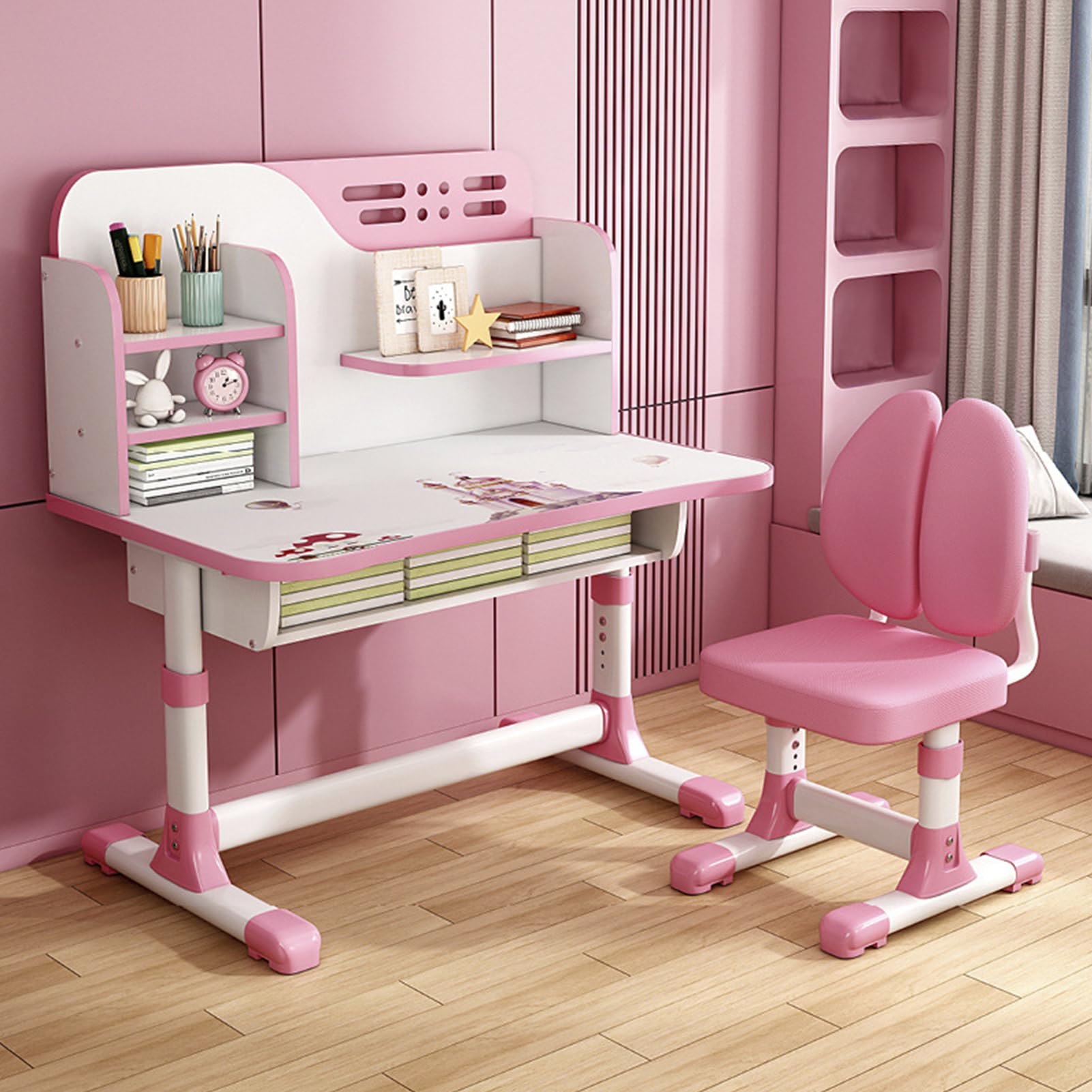 **Adjustable Kids Study Desk and Chair Set with Astronaut Design - Ergonomic Children's Standing Desk, Writing Board, Bookshelf & Drawer - Perfect for School, Homework & Online Learning (Pink)**