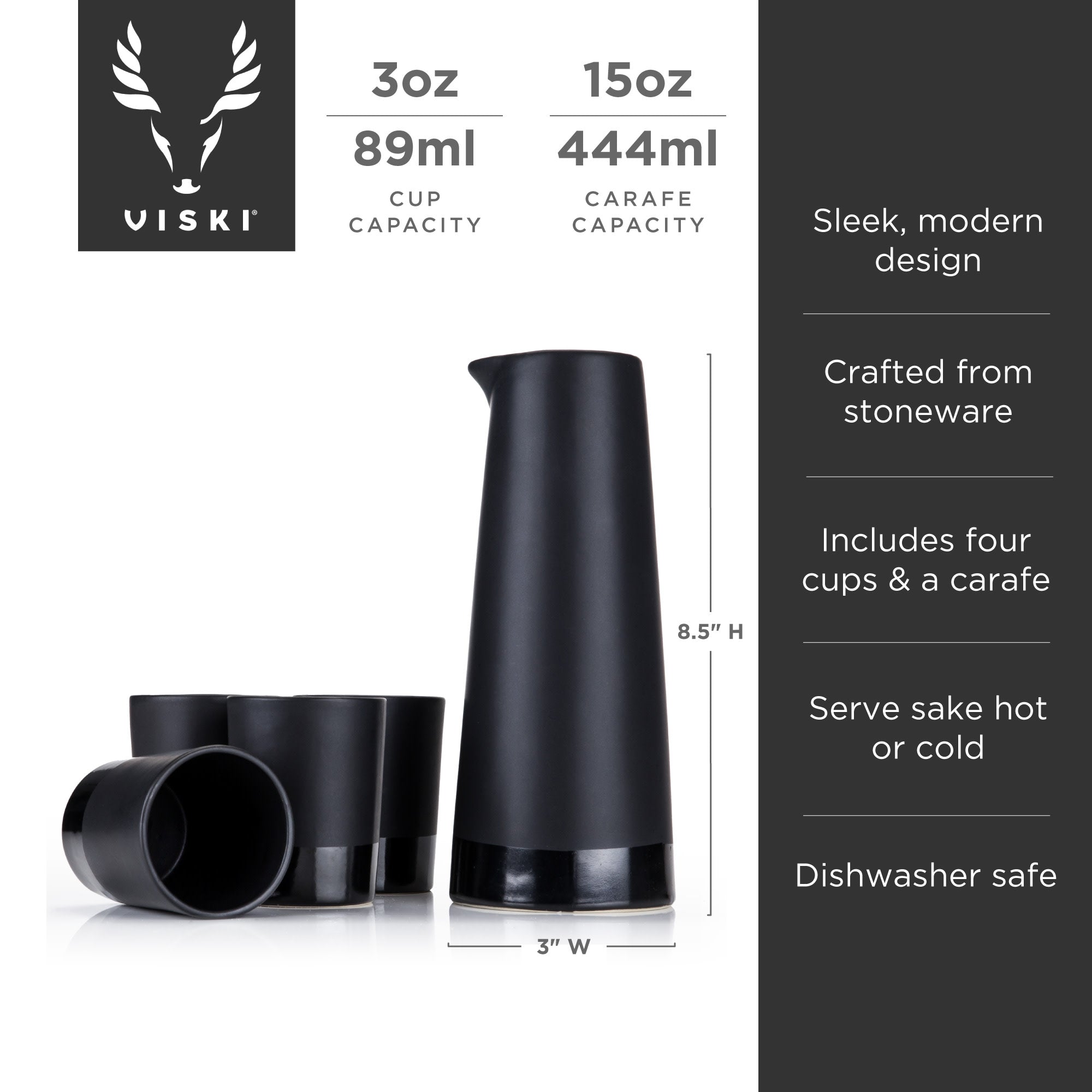 Premium 5-Piece Black Stoneware Sake Set - Traditional Japanese Ceramic Drinking Cups & Carafe for Sushi Dinner, Asian Cuisine & Home Entertaining