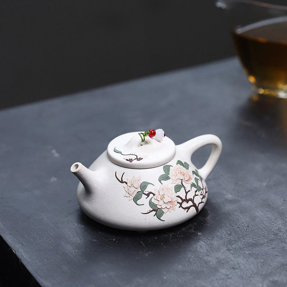 Premium Yixing White Clay Peony Shi Piao Teapot - Handcrafted Chinese Purple Clay Teapot for Gongfu Tea Ceremony, Oolong & Pu-erh Brewing, Tea Lovers Gift