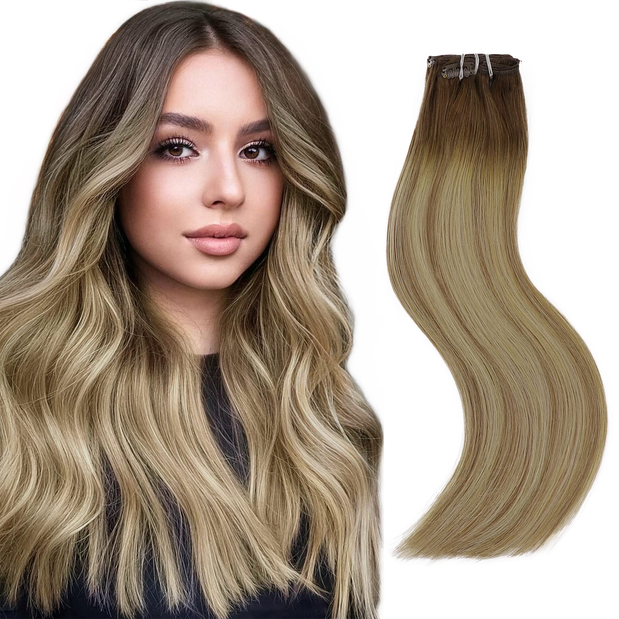 Clip In Hair Extensions 120G Real Human Hair - Balayage Walnut Brown to Ash Brown with Bleach Blonde Highlights - 7PCS 14 Inch Clip Ins for Volume & Length - Perfect for Parties, Weddings & Daily Styling