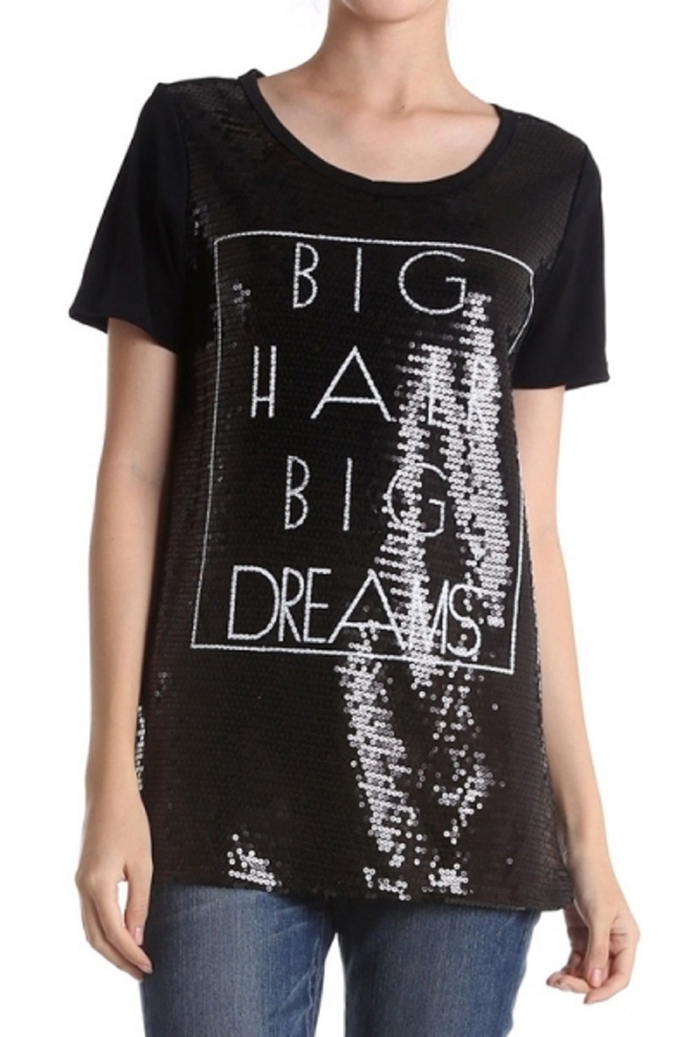 2Chique Boutique Women's Big Hair Big Dreams Printed Sequin Fashion Top - Stylish Party & Night Out Blouse for Women - Perfect for Clubbing, Date Night & Special Occasions