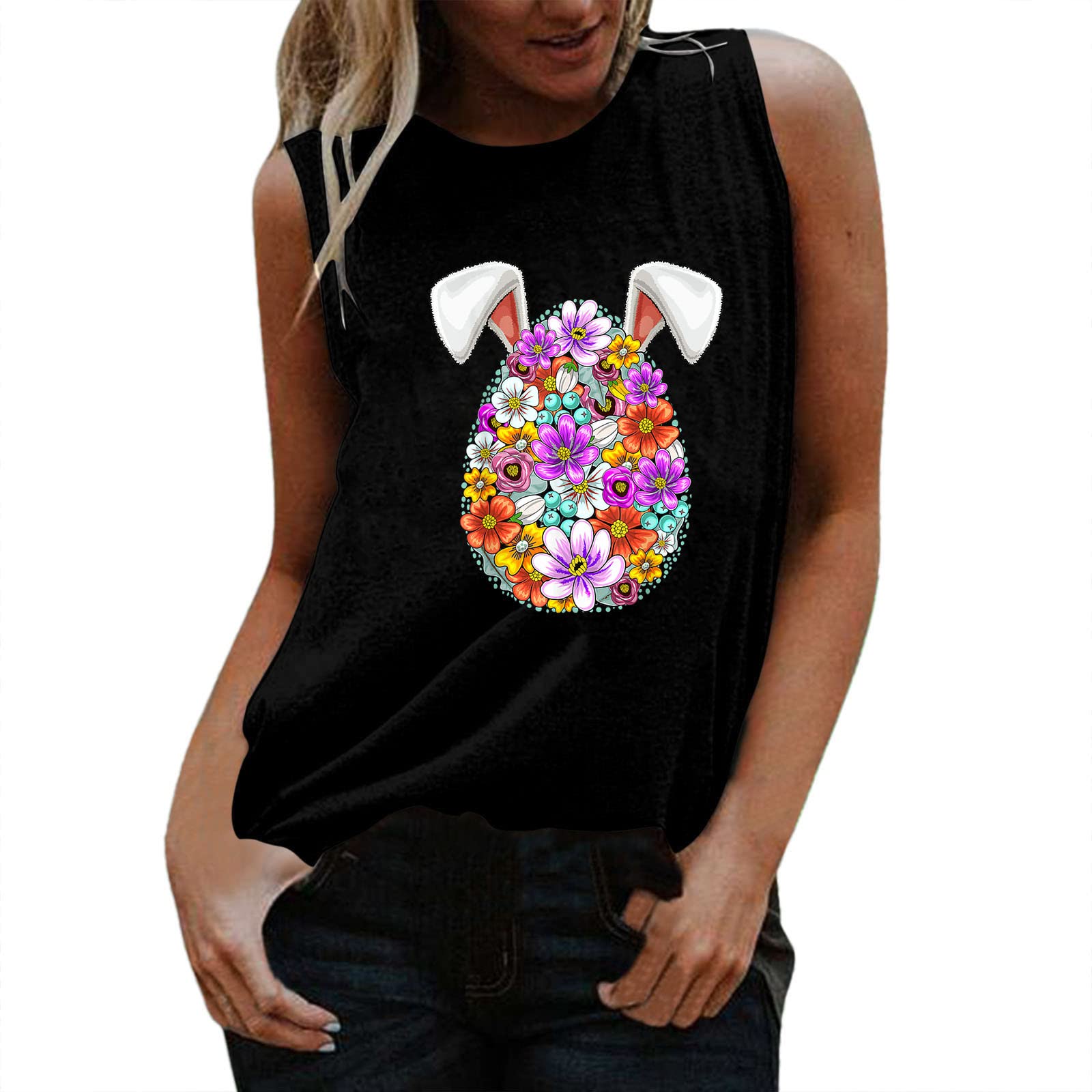 Women's Easter Print Sleeveless Round Neck T-Shirt Vest Blouse - Casual Summer Tank Top in Black (Large) | Perfect for Easter Celebrations, Spring Outings & Casual Wear