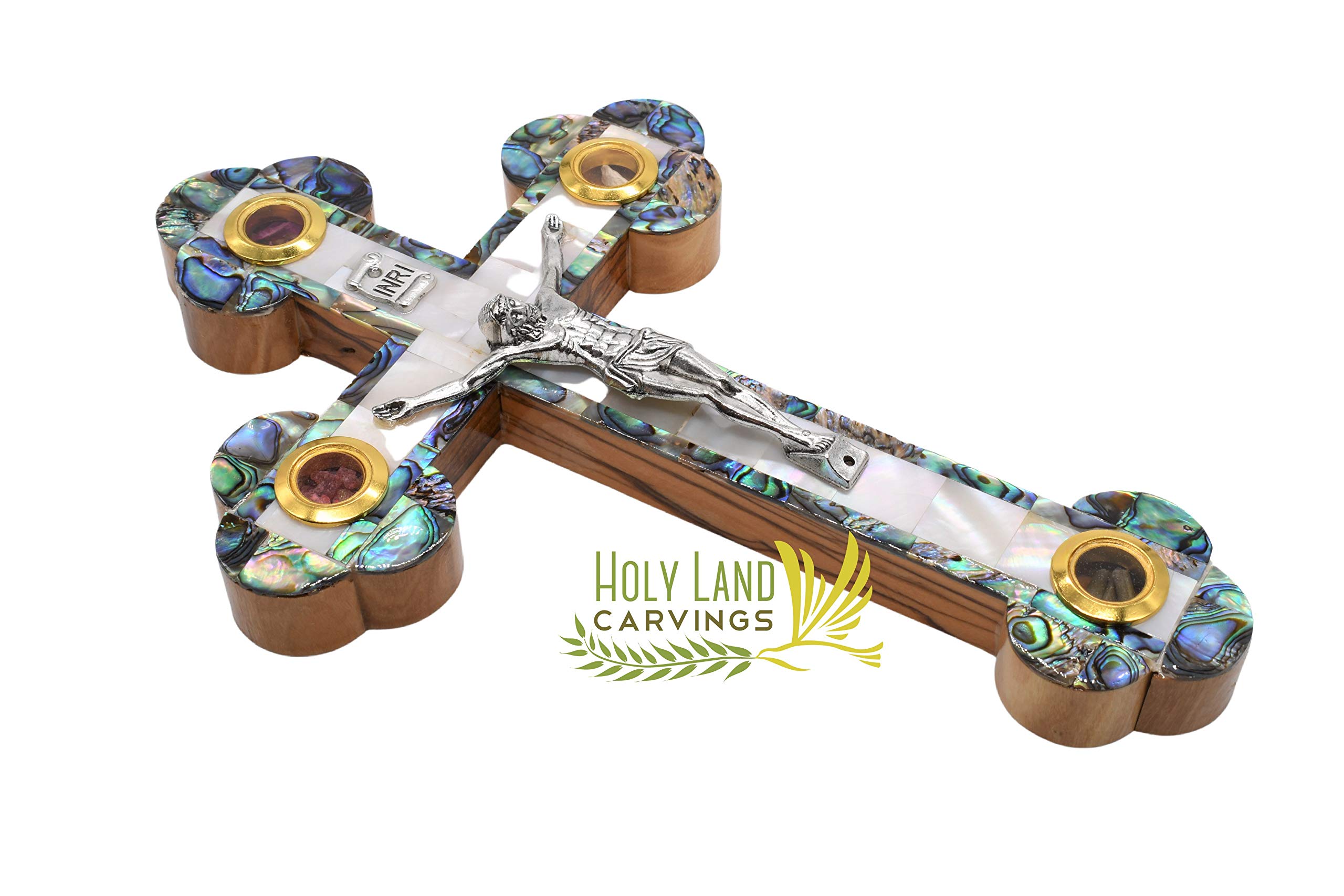 9 Inch Olive Wood Cross with Mother of Pearl Inlay - Handcrafted Holy Land Wall Decor for Christian Homes, Gifts & Church Display | Features 4 Holy Relics for Easter, Christmas & Spiritual Occasions