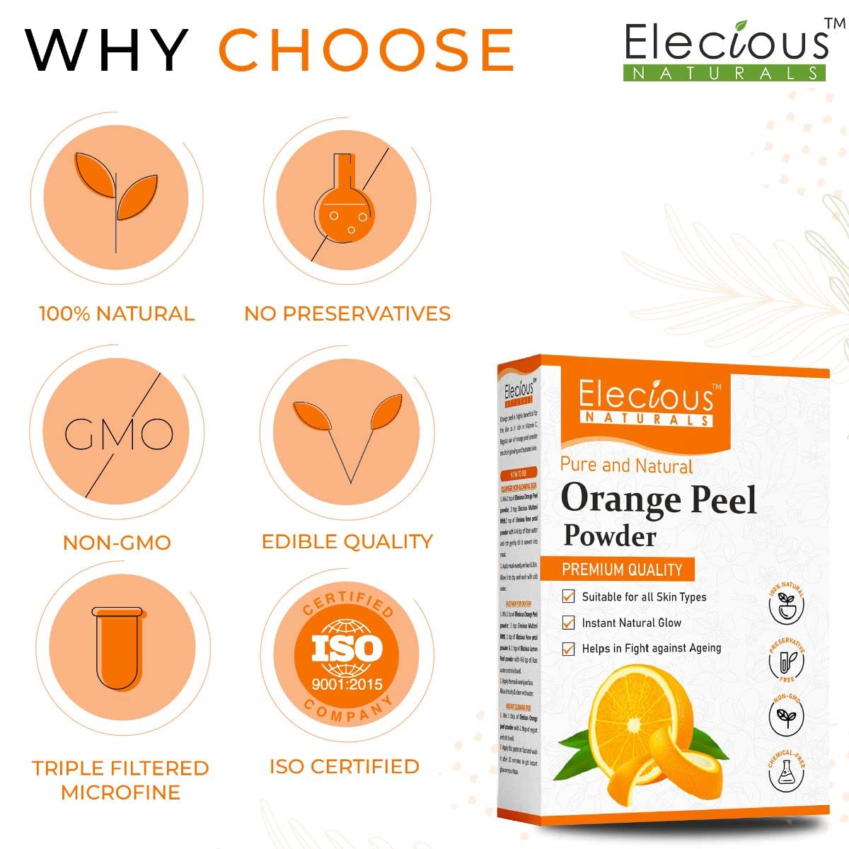 Elecious 100% Natural Orange Peel Powder for Skin & Face (200g) | Chemical-Free, Preservative-Free | Tan Removal, Face Cleansing & Glowing Skin | DIY Face Masks, Scrubs & Beauty Treatments
