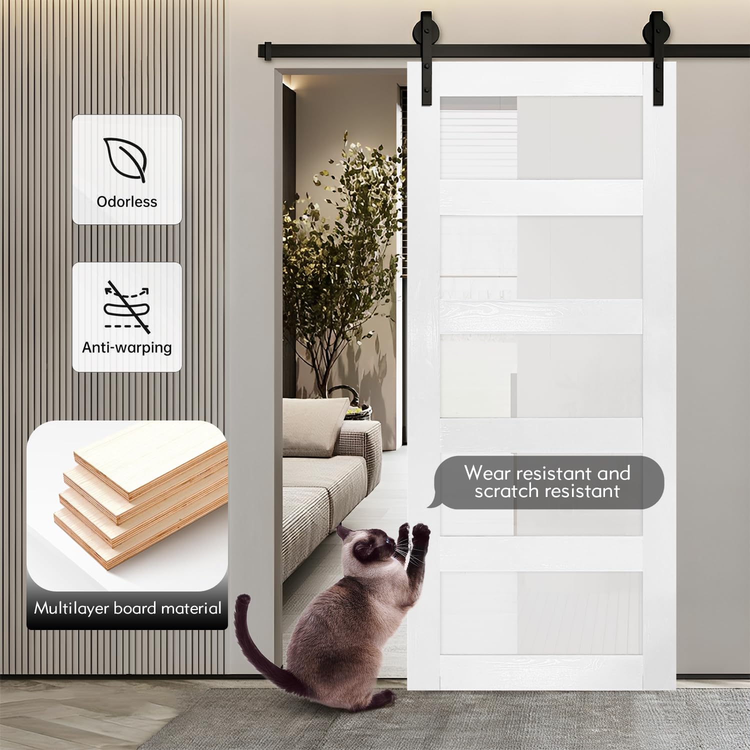 S&Z TOPHAND® 30x80 Inch Frosted Glass Sliding Barn Door with Hardware Kit - 5 Tempered Glass Panels, Waterproof PVC Surface, Easy DIY Installation for Bedroom, Closet or Room Divider