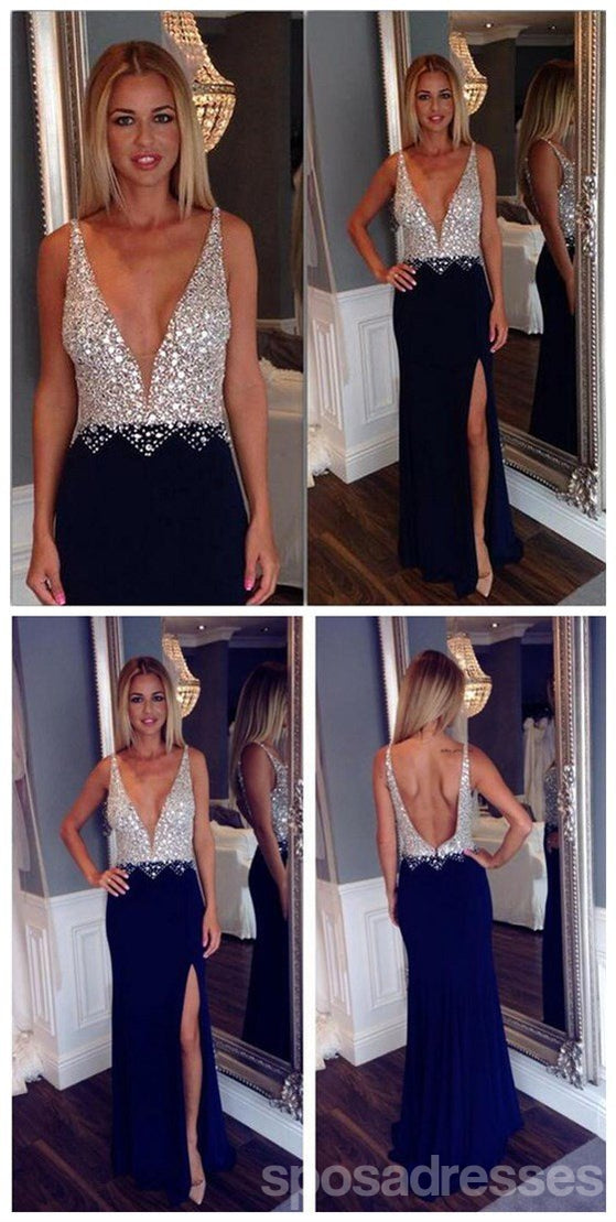 Elegant Deep V Neck Open Back Prom Dress with Side Slit - Trendy Party Gown for Homecoming, Prom Night & Formal Events (PD0088)