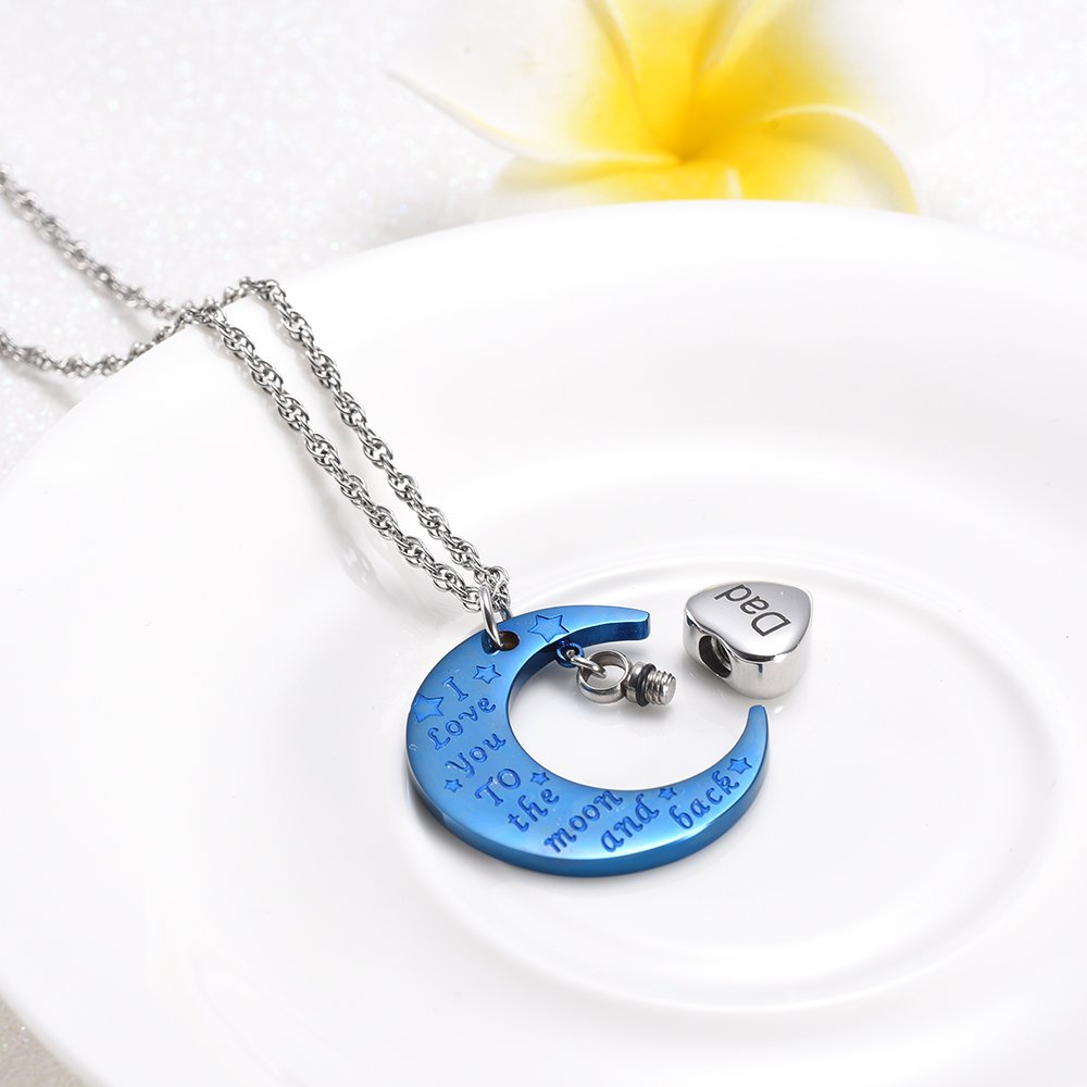 Engraved Moon Heart Urn Necklace - Cremation Jewelry for Ashes, Memorial Keepsake Pendant for Men & Women | Perfect for Honoring Loved Ones at Memorials, Funerals & Special Occasions