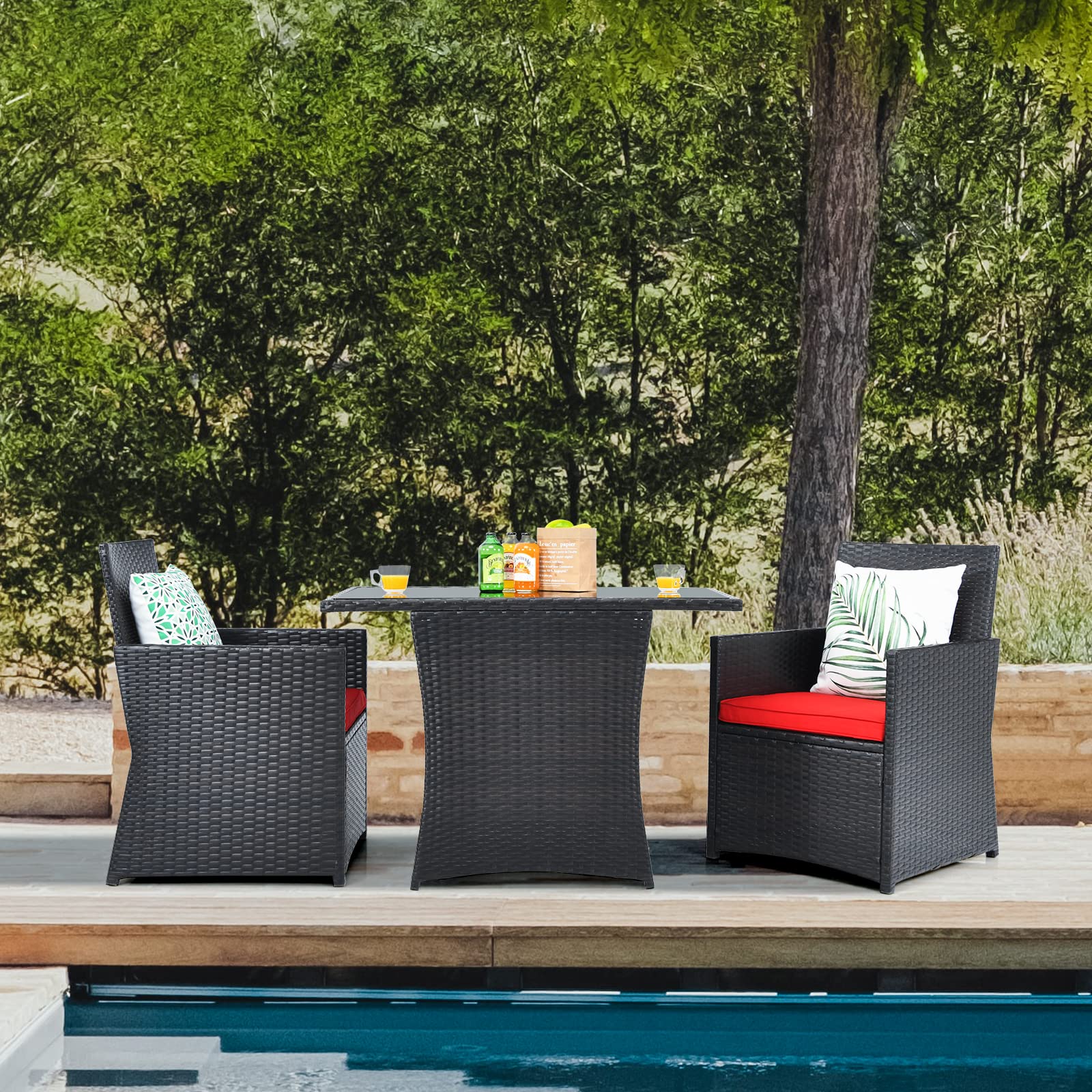 HappyGrill 3-Piece Outdoor Wicker Bistro Set - PE Rattan Dining Table with Cushioned Chairs, Patio Conversation Set for Backyard, Porch, Garden & Poolside - Perfect for Outdoor Dining, Relaxing & Entertaining Guests