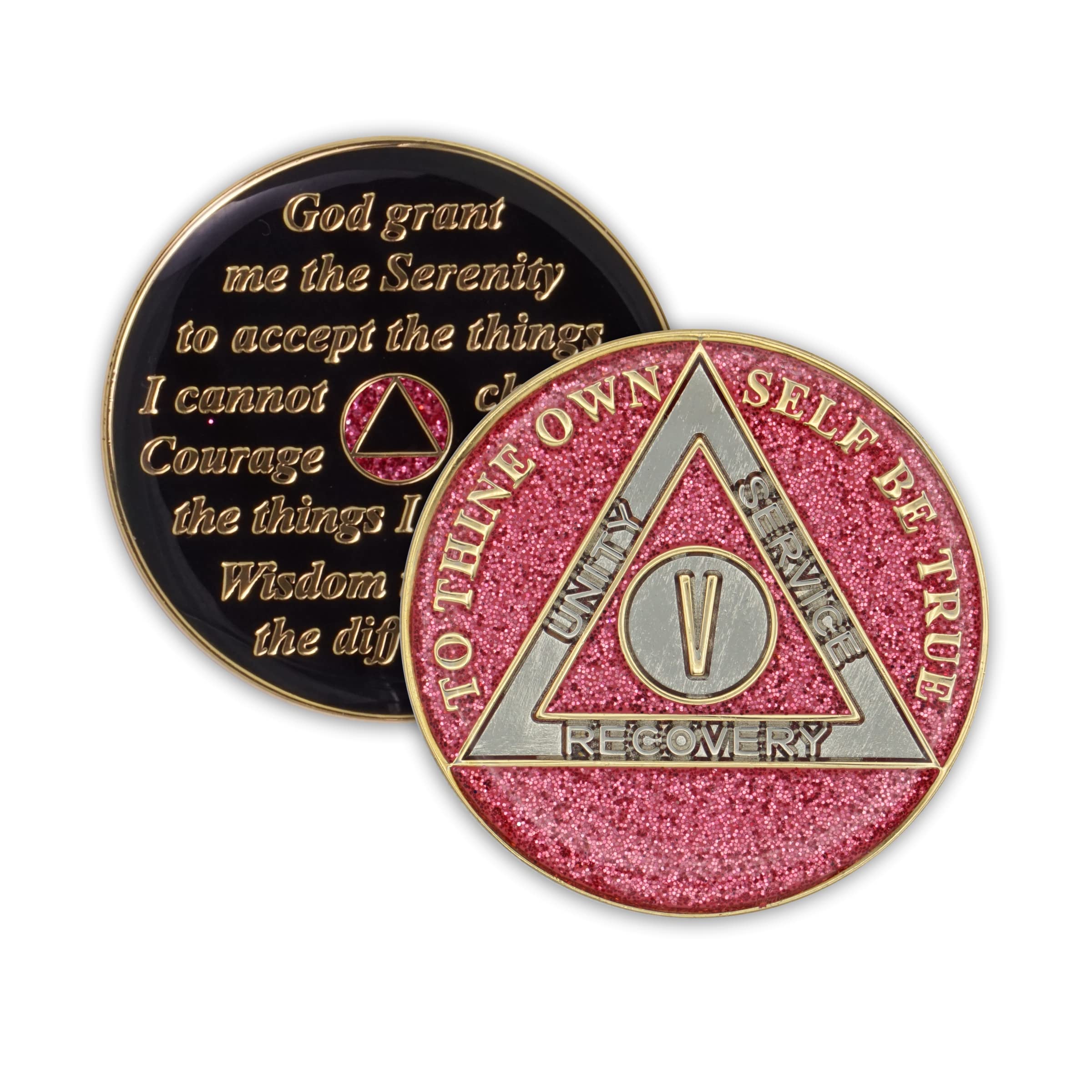 5 Year Sobriety Coin - Glitter Triplate AA Recovery Anniversary Token (Pink) | Motivational Gift for Alcoholics Anonymous, 12 Step Program Milestone, Addiction Recovery Celebration