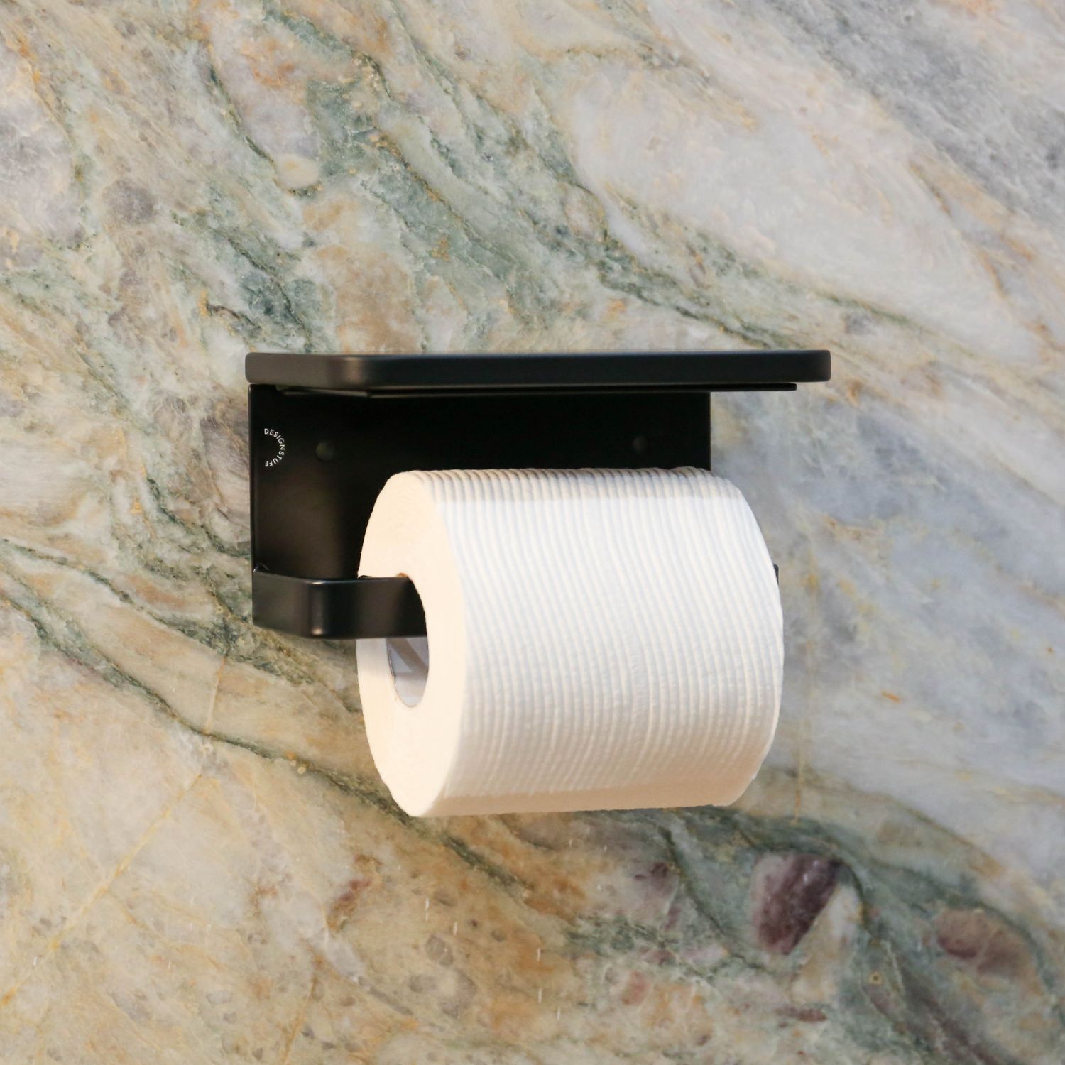 DESIGNSTUFF Black Single Toilet Paper Holder with Shelf - Bathroom Storage Organizer for Small Spaces & Modern Home Decor