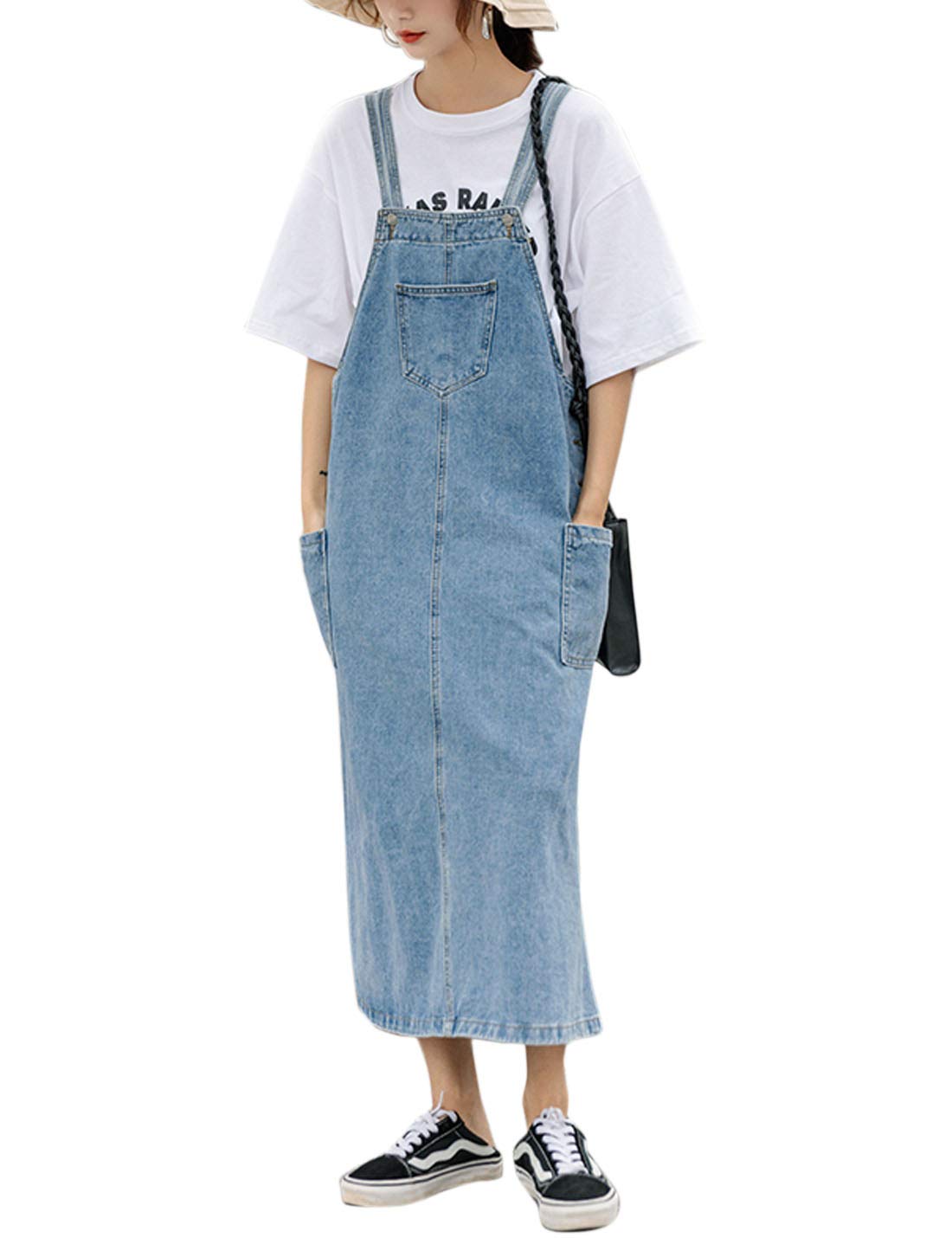 Flygo Women's Midi Denim Jumpsuit Overalls - Stretch Comfort Fit Vintage Style Pinafore Dress for Casual Outings, Date Nights & Spring Fashion