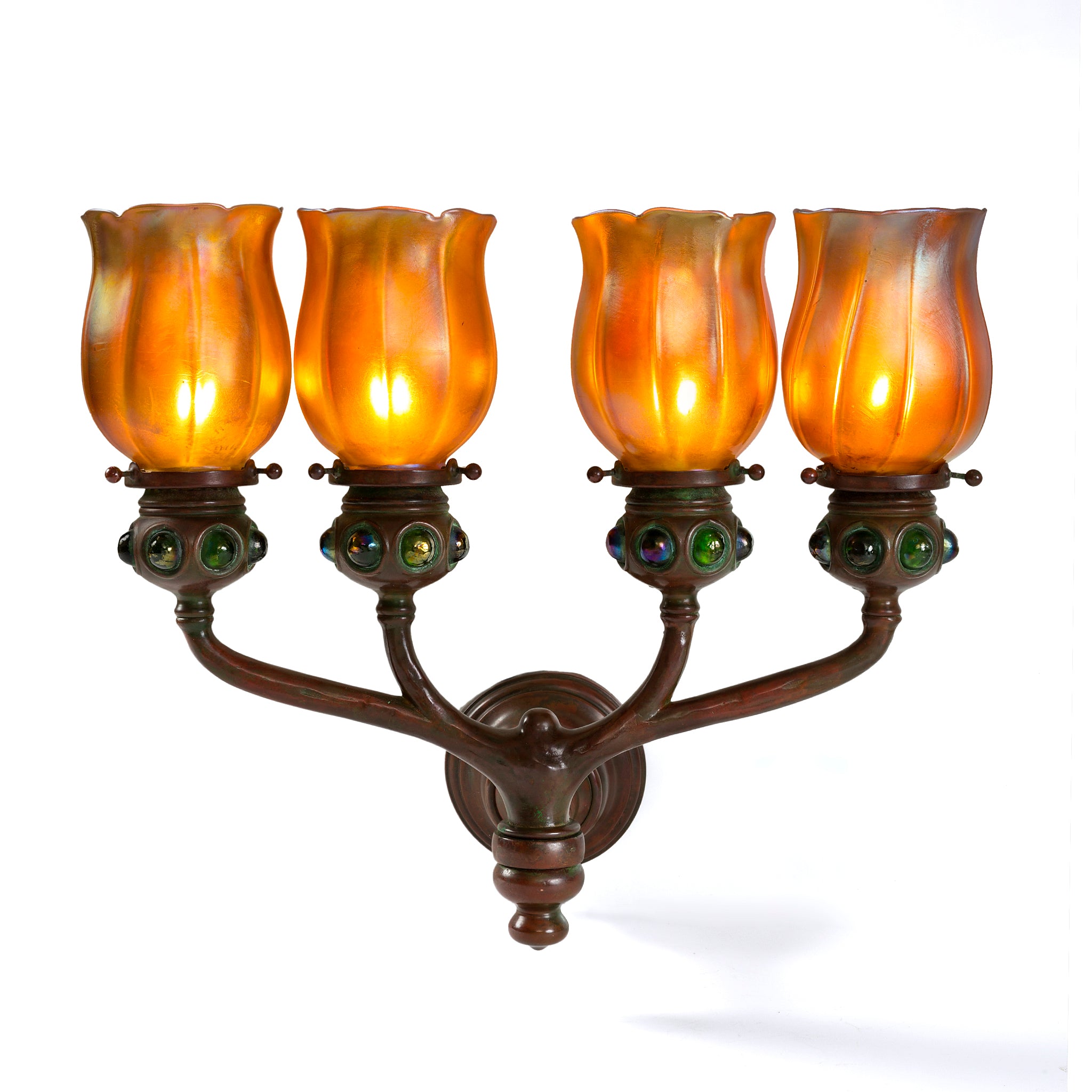 Tiffany Studios New York Jeweled Four-Light Tulip Wall Sconce - Vintage Brass & Stained Glass Lighting for Living Room, Bedroom, or Entryway Decor