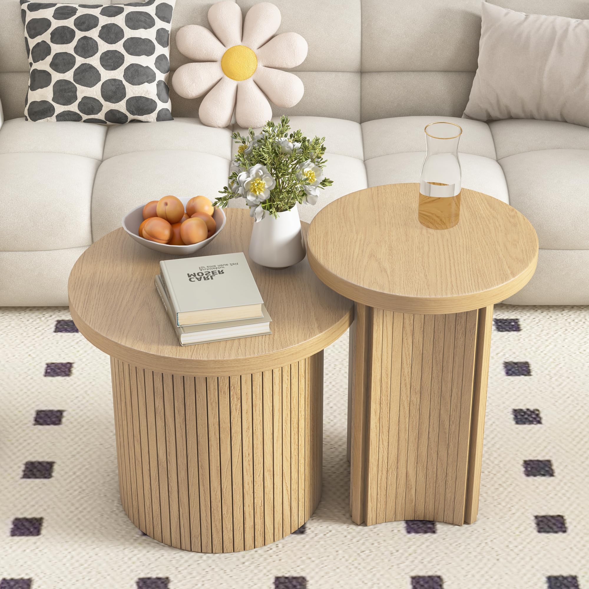 Round Nesting Coffee Table Set of 2 - Wood Finish Stackable Side Tables for Living Room & Bedroom - Rustic Modern Sofa Tables (Small Size) - Perfect for Small Spaces, Apartments and Cozy Home Decor