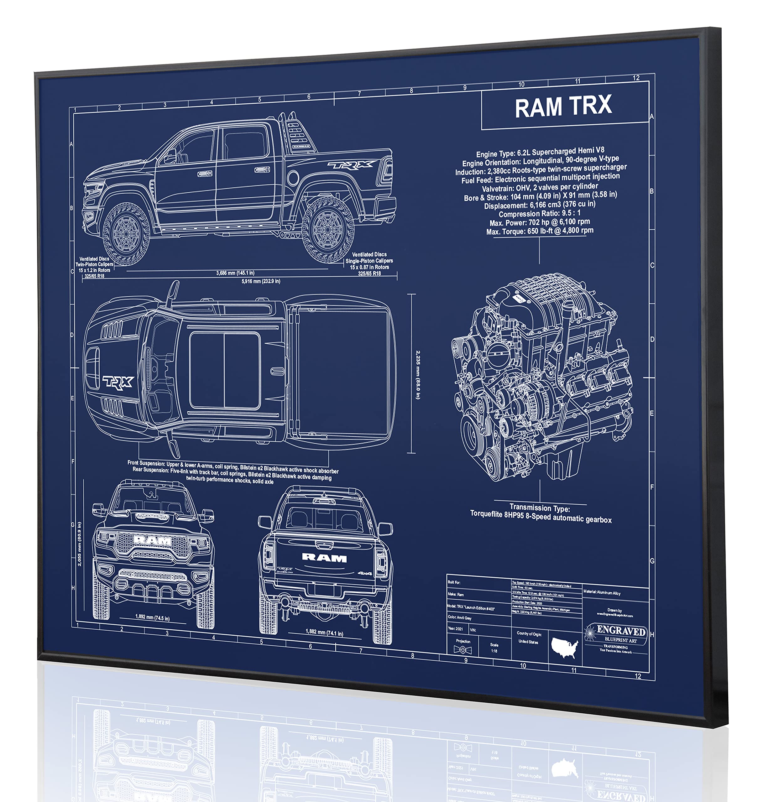 Custom Dodge Ram TRX Blueprint Artwork - Laser Engraved & Personalized Gift for Dodge Lovers - Perfect for Home, Office Decor & Car Enthusiast Gifts